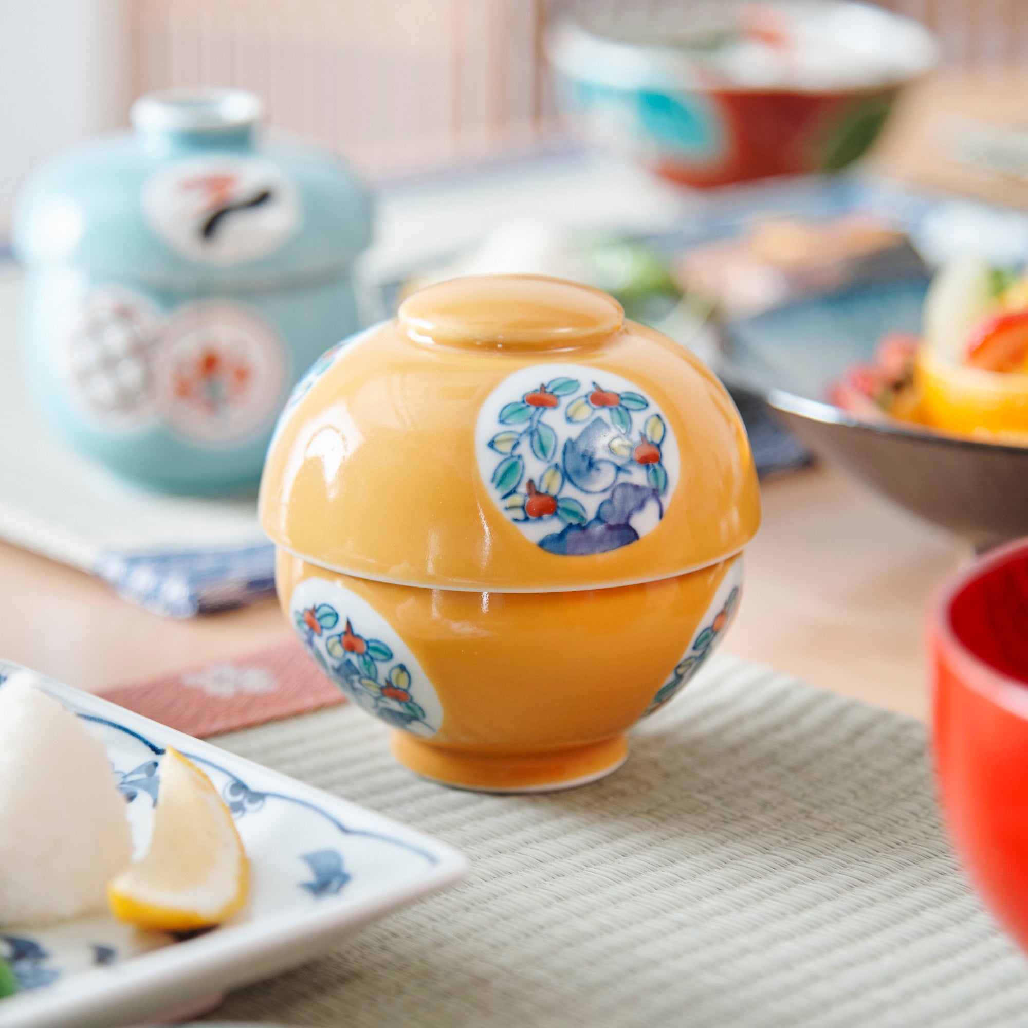 Yellow Glaze Bird and Flower Motif Chawanmushi Bowl