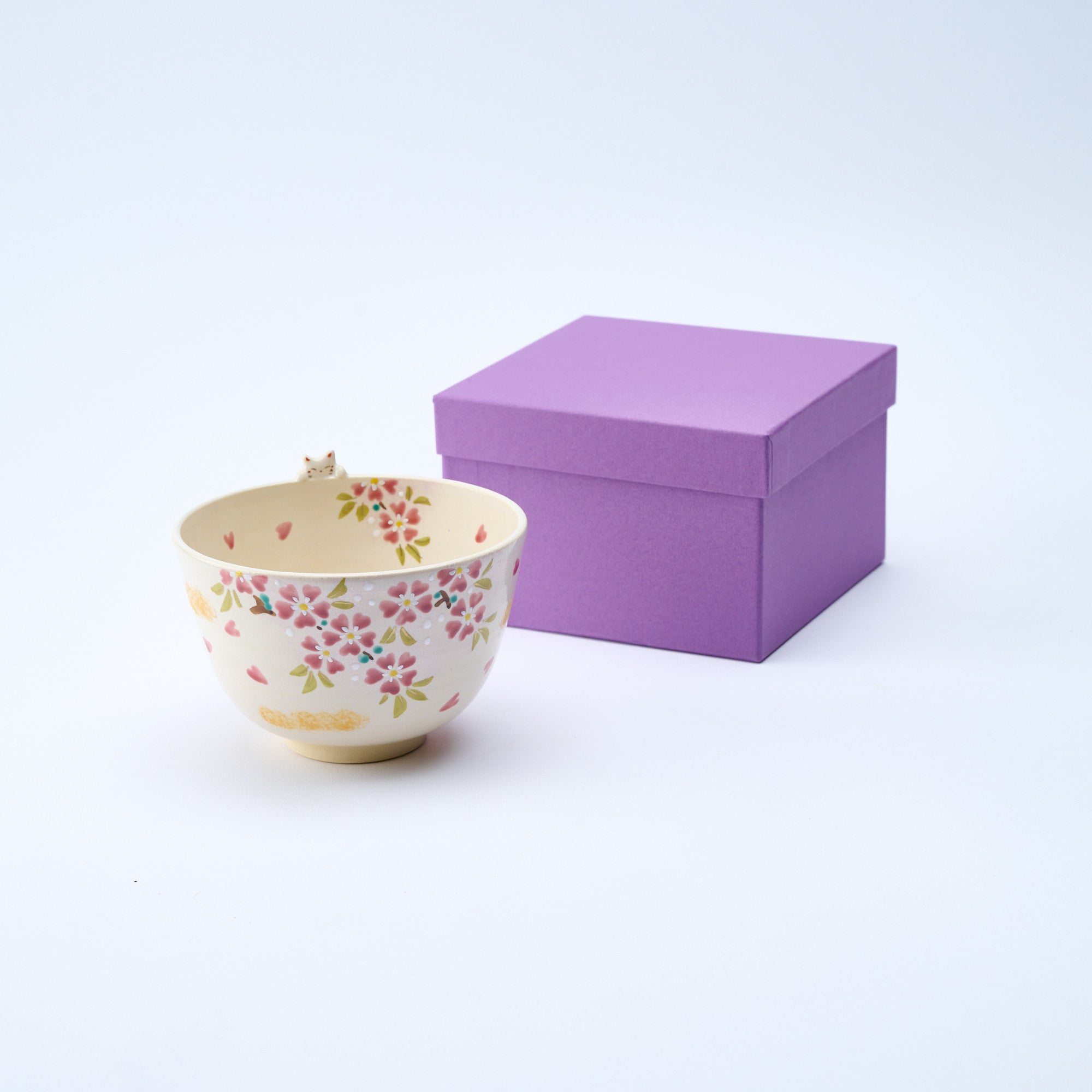 Sakura and Peeking Cat Matcha Bowl Chawan