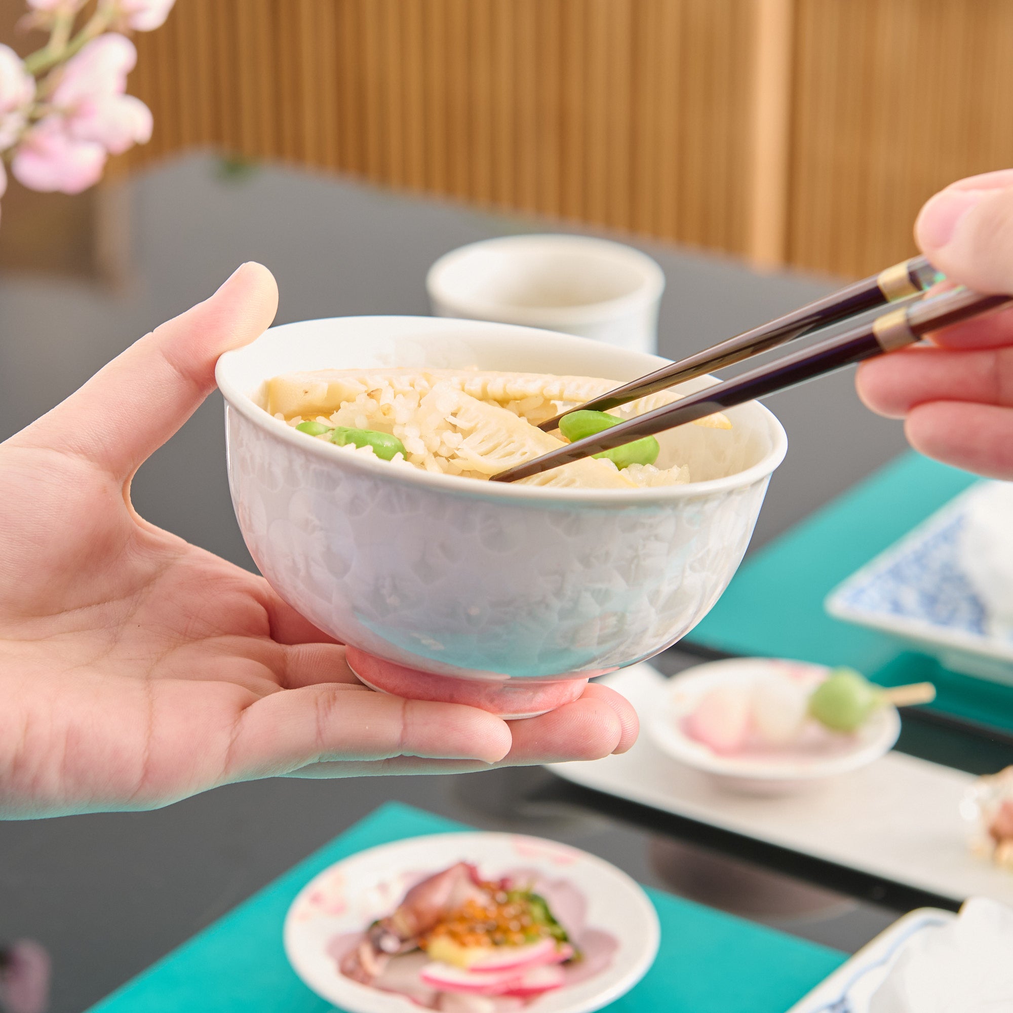 Pink Floral Crystalline Japanese Rice Bowl