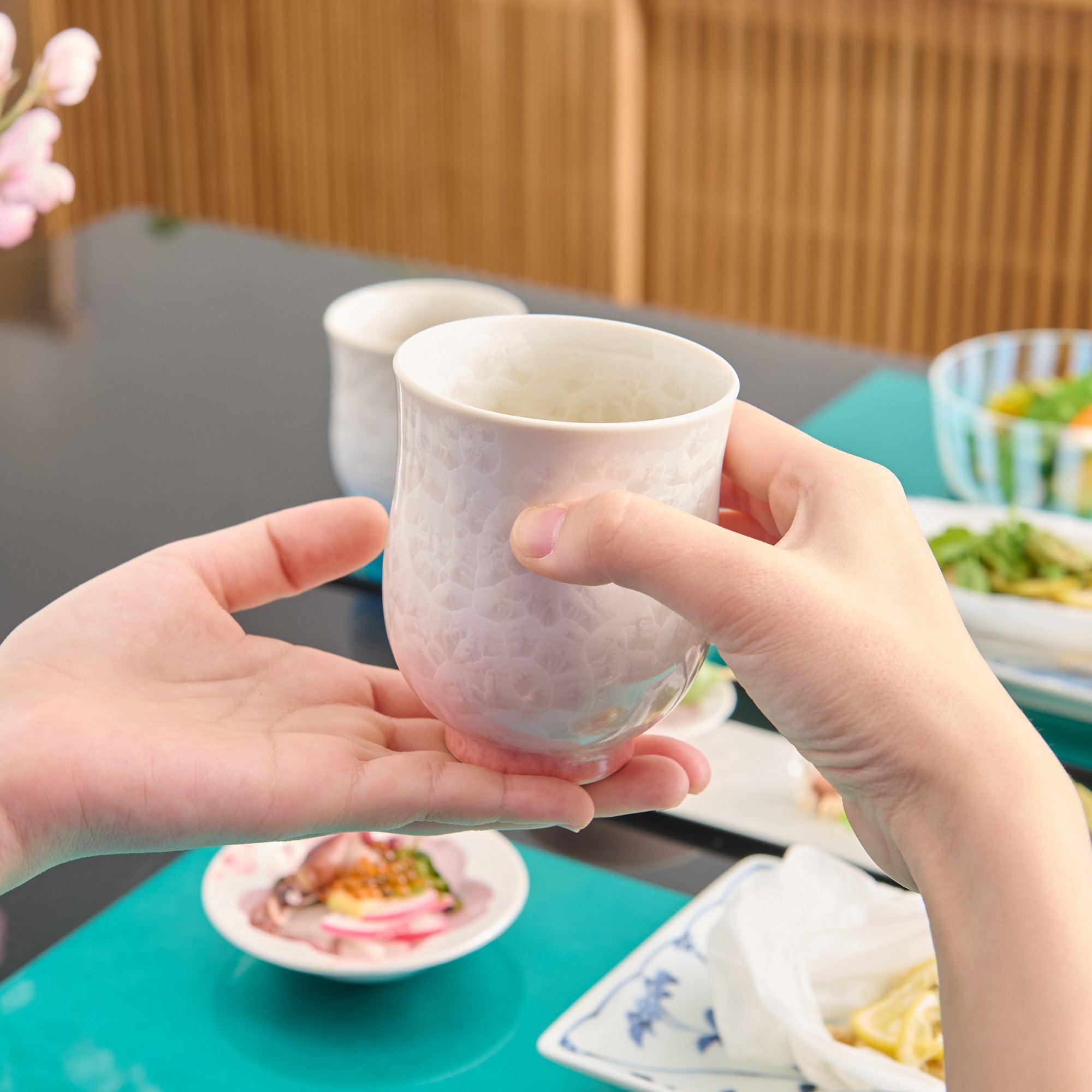 Pink Floral Crystalline Yunomi Japanese Teacup