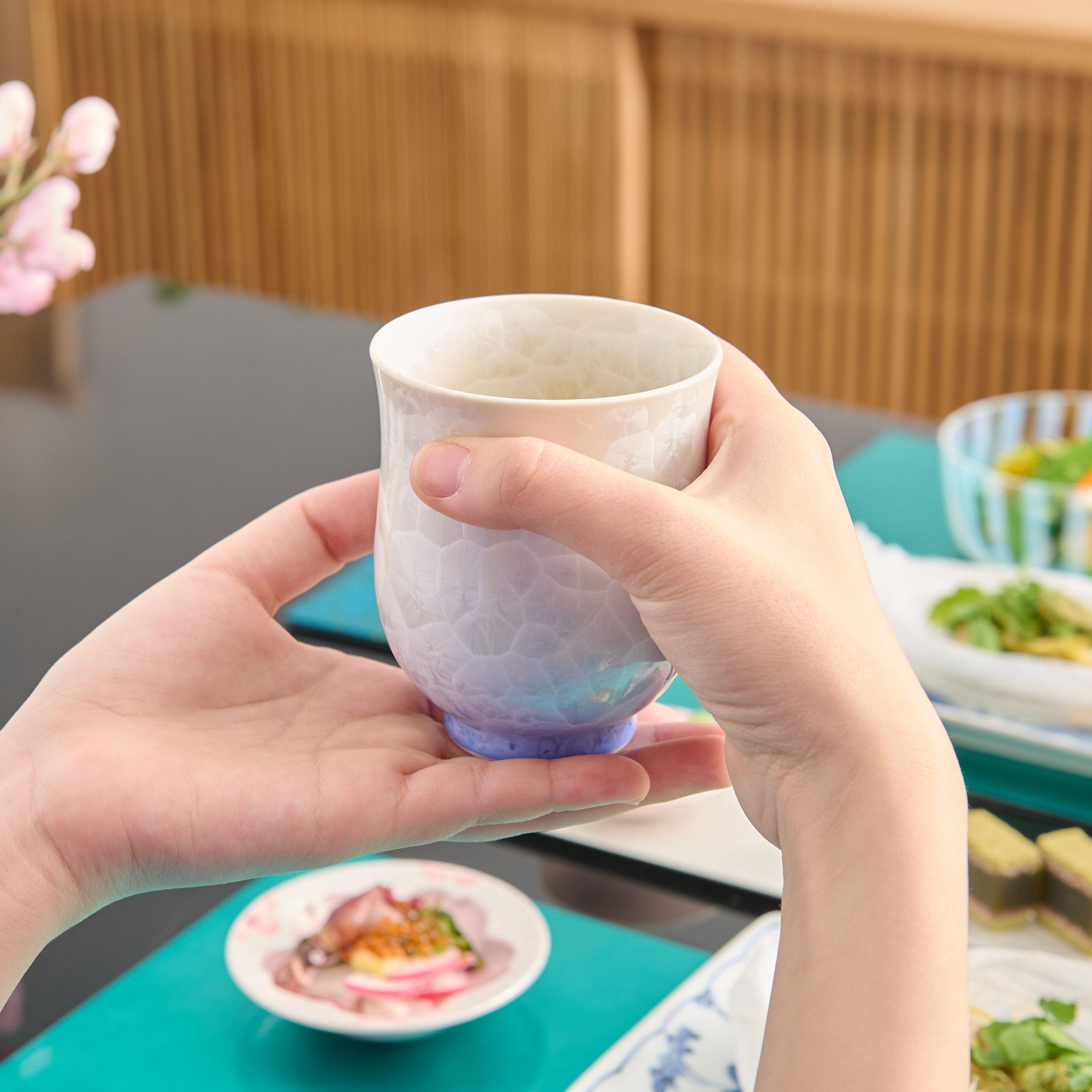 Blue Floral Crystalline Yunomi Japanese Teacup