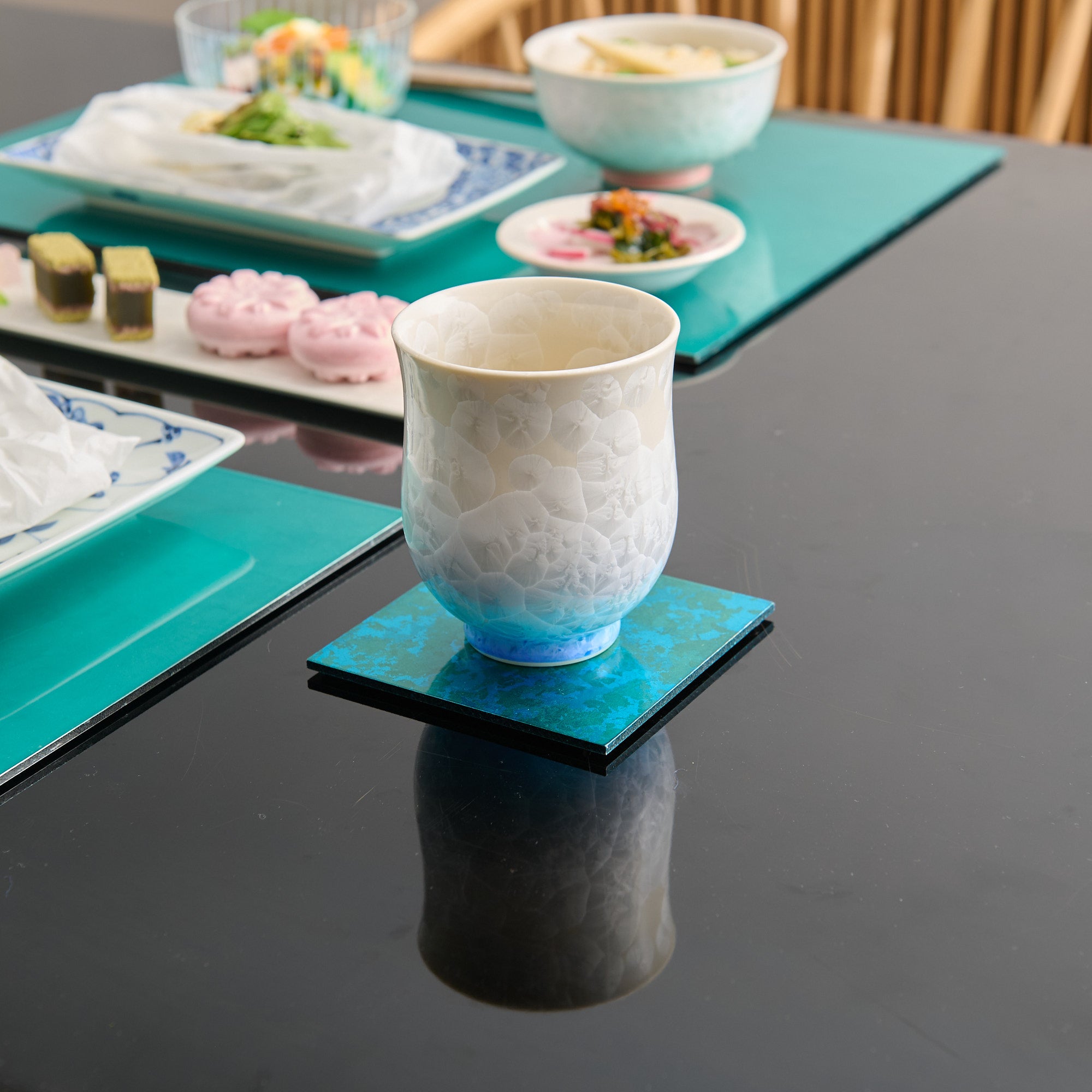 Blue Floral Crystalline Yunomi Japanese Teacup