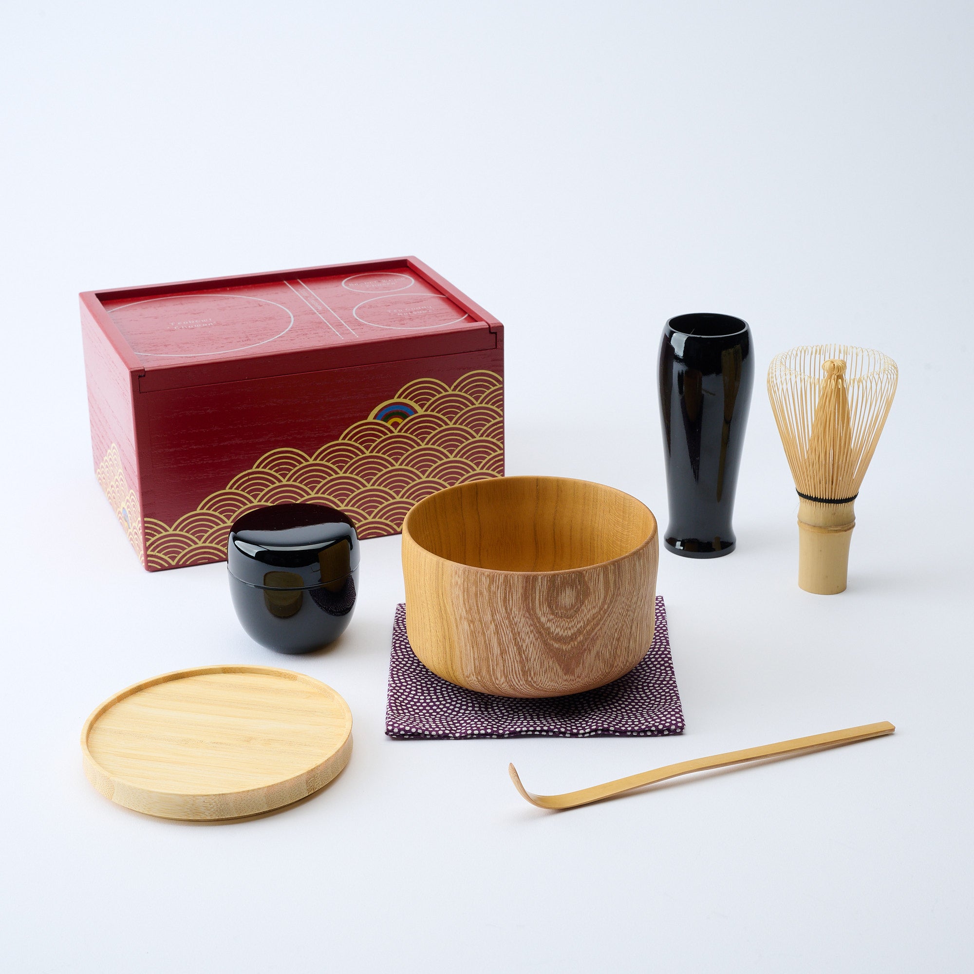 Yu-Chabako Red & Wave Pattern Matcha Tea Set