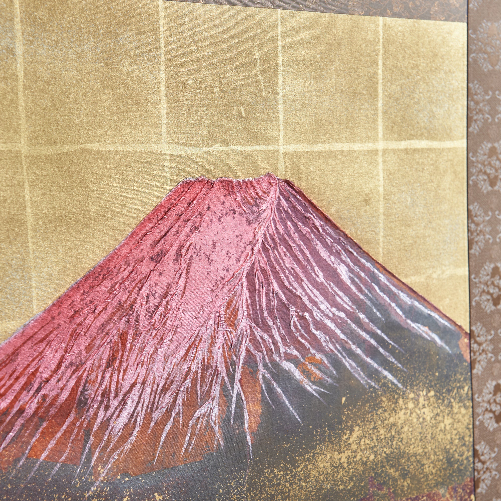 Artesanía con pan de oro: Pergamino colgante Kakejiku del Monte Fuji rojo amanecer