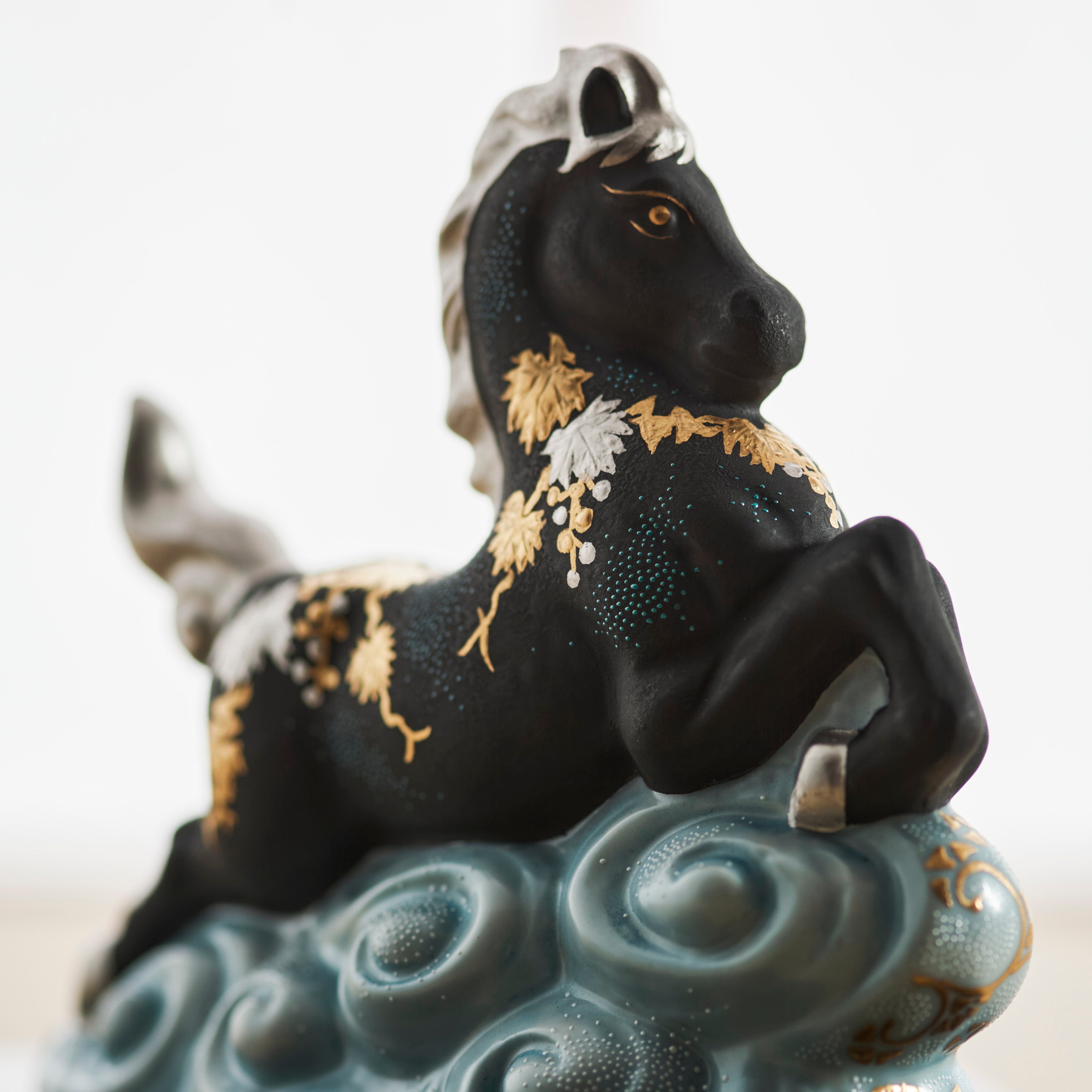 Morikin Grape Pattern Aochibu and Shirochibu Horse Figurine