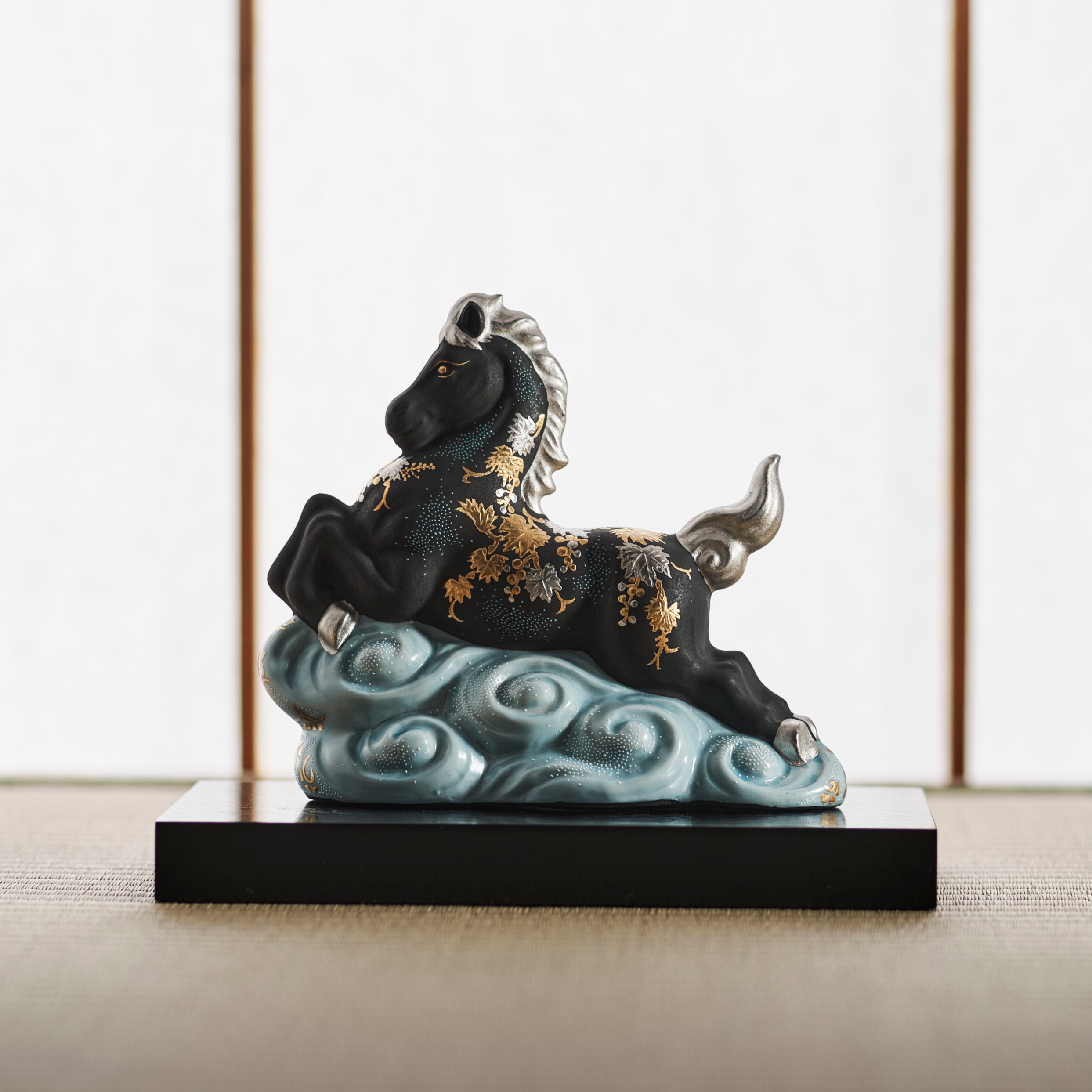 Morikin Grape Pattern Aochibu and Shirochibu Horse Figurine