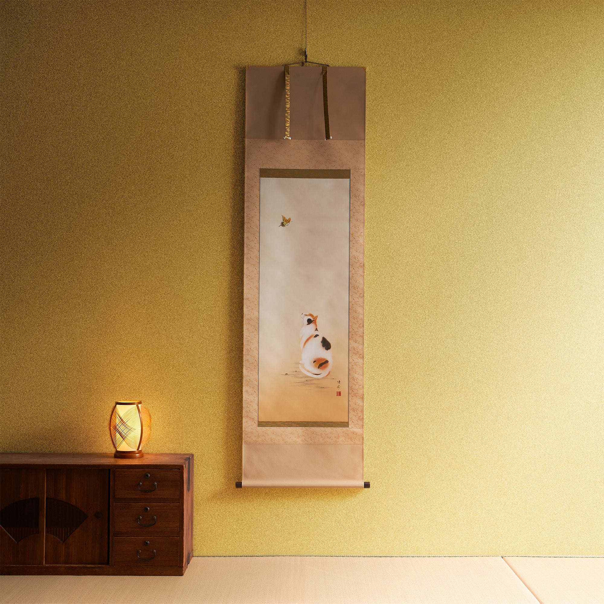 Cat and Butterfly Kakejiku Hanging Scroll