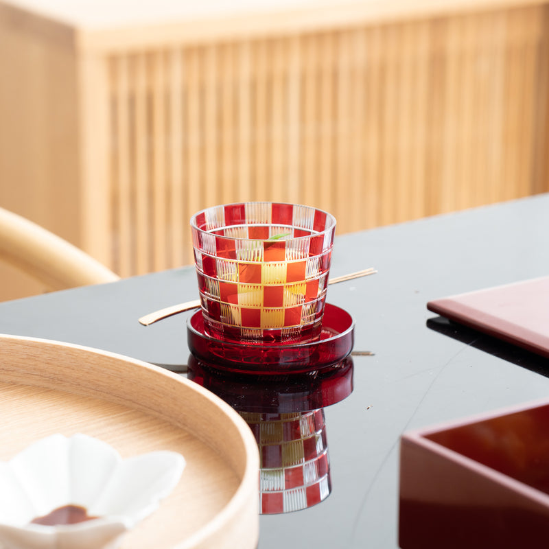 Hirota Checkered Pattern Edo Kiriko Glass Soba Choko Cup with Lid