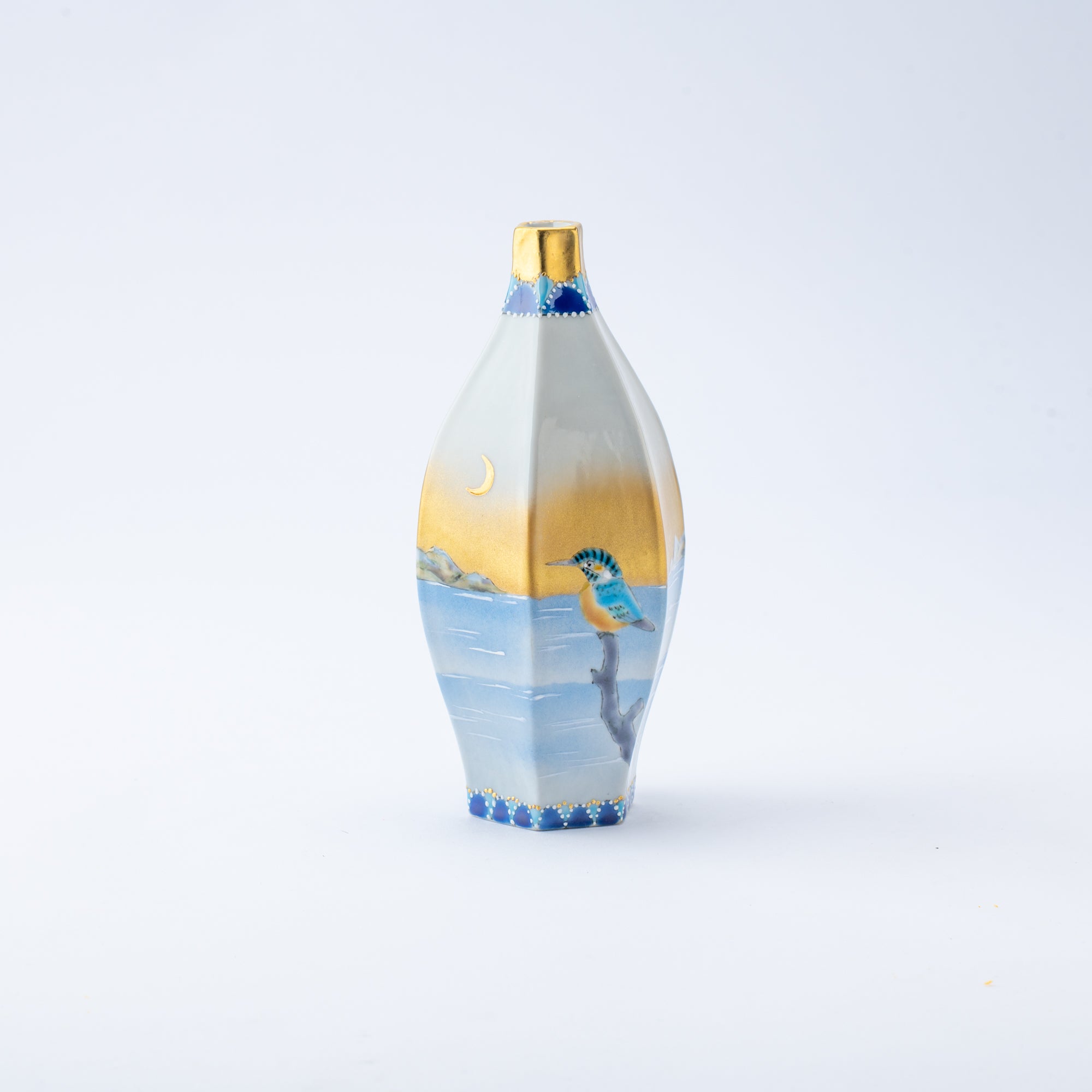 Moonlit Lake and Bird Narrow Neck Vase 6.9 in
