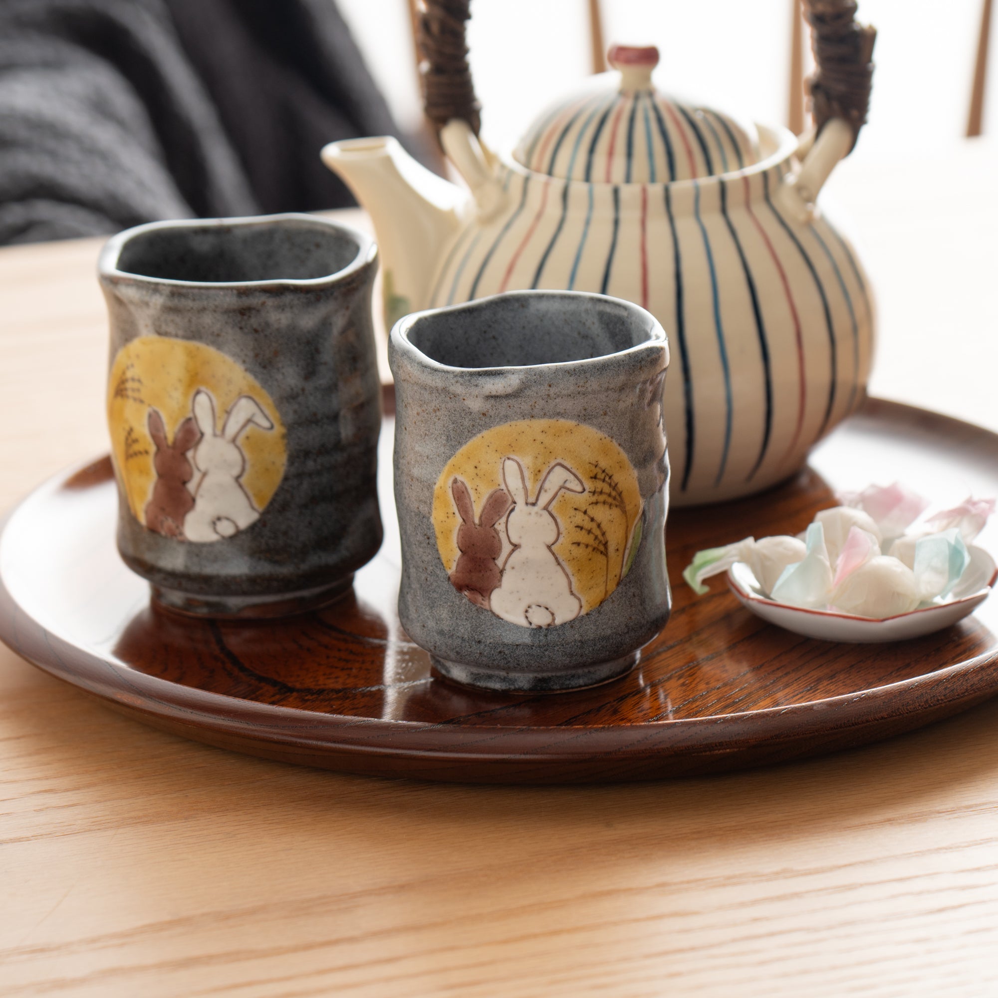 Rabbits in Sunny Spot Yunomi Japanese Teacup Pair