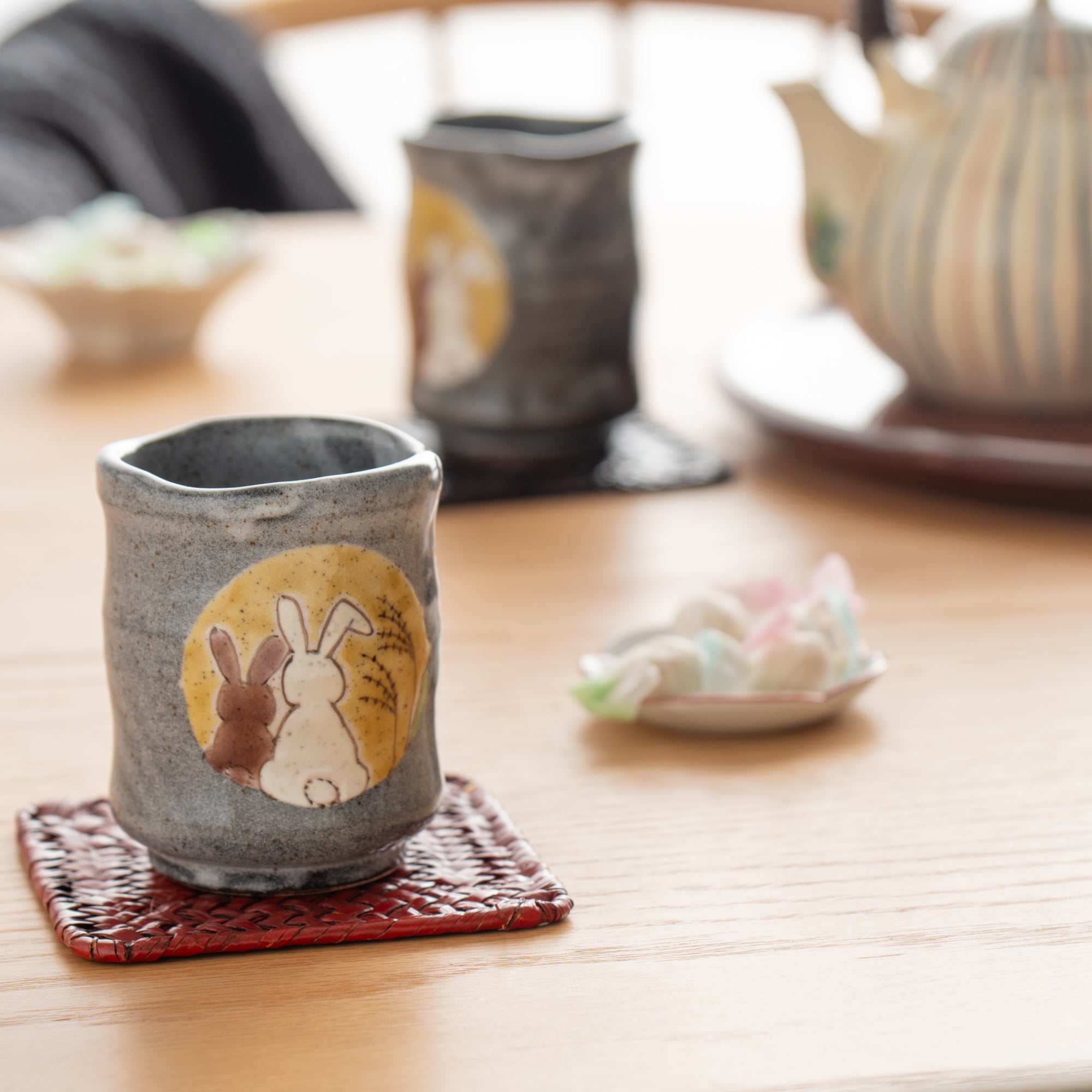 Rabbits in Sunny Spot Yunomi Japanese Teacup Pair