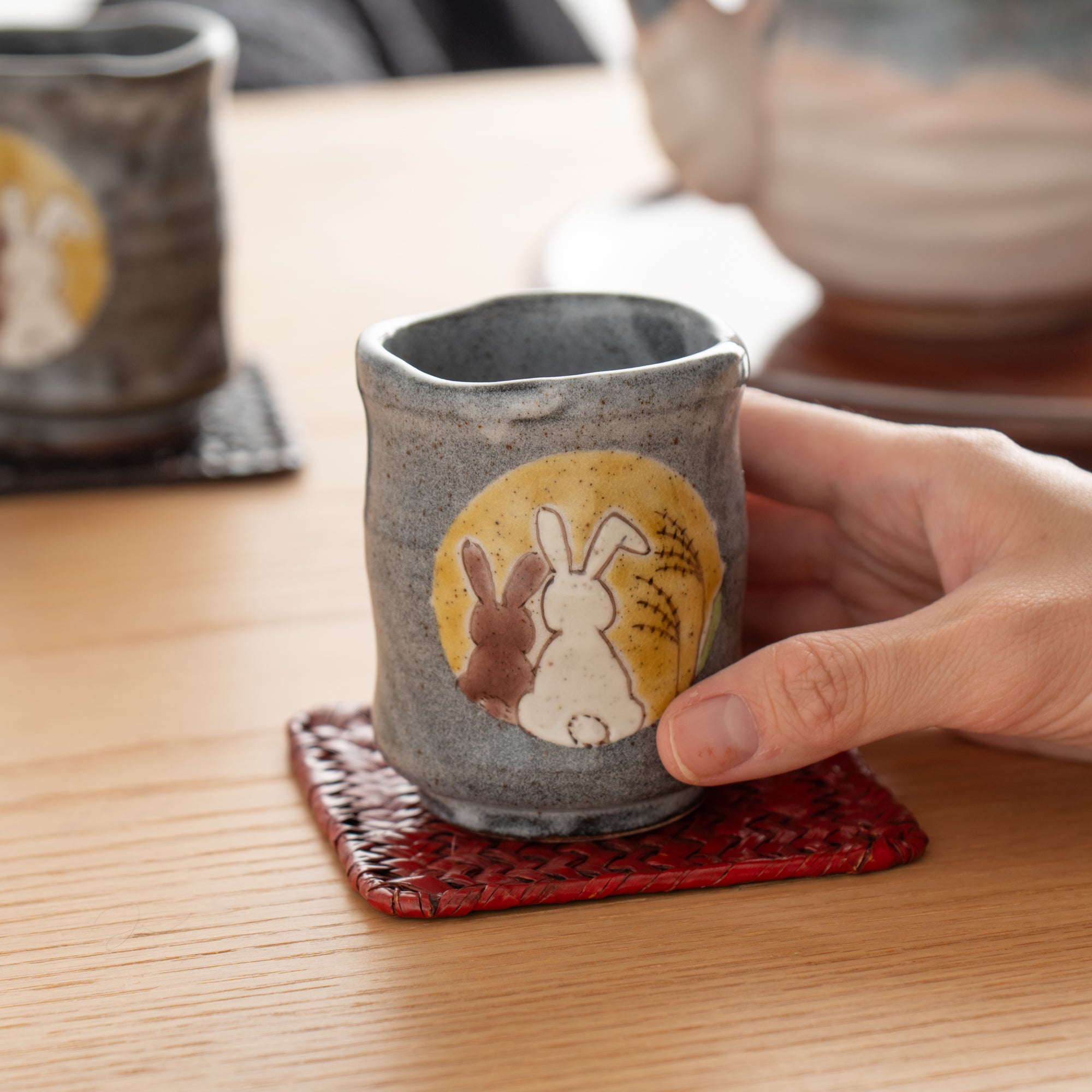 Rabbits in Sunny Spot Yunomi Japanese Teacup Pair