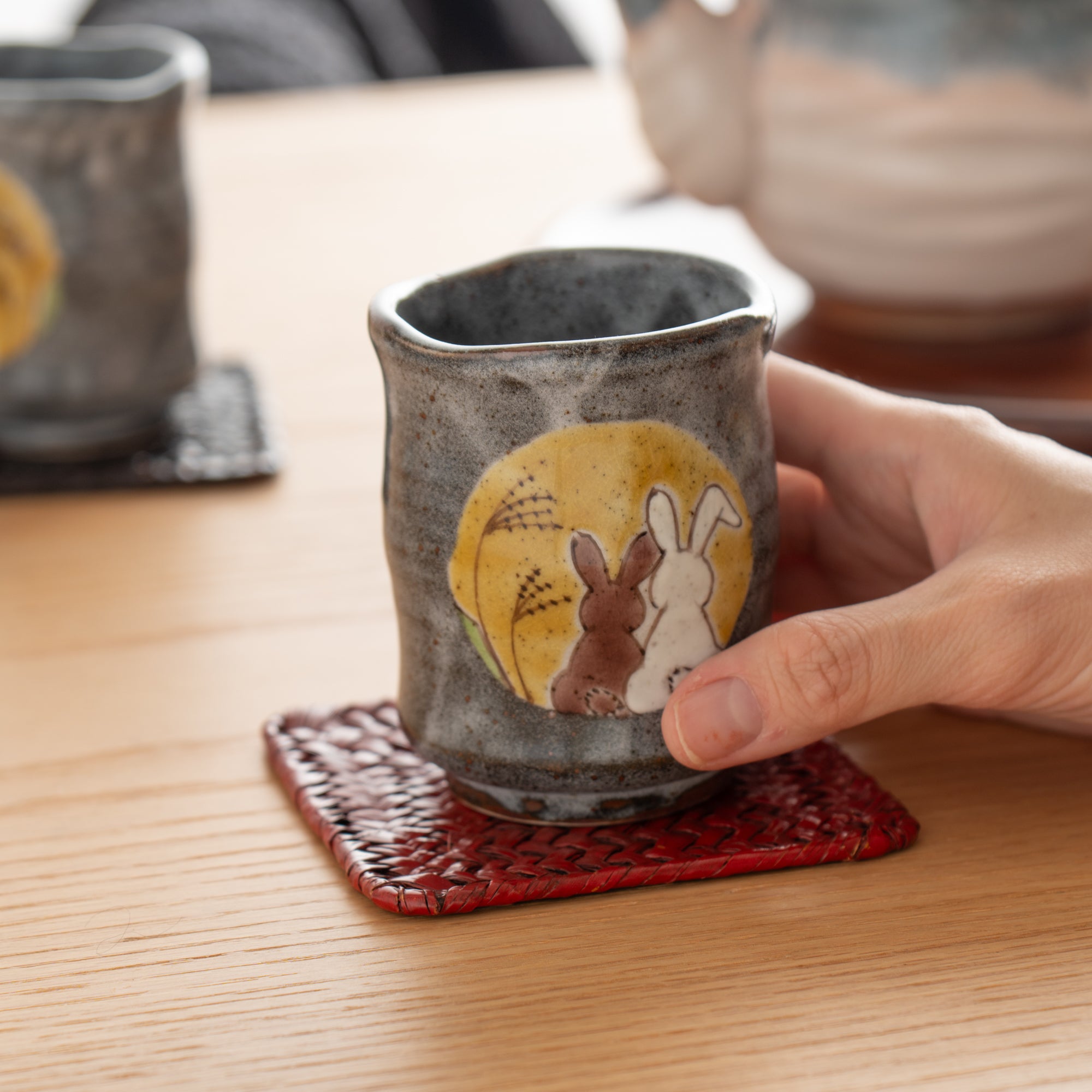 Rabbits in Sunny Spot Yunomi Japanese Teacup Pair