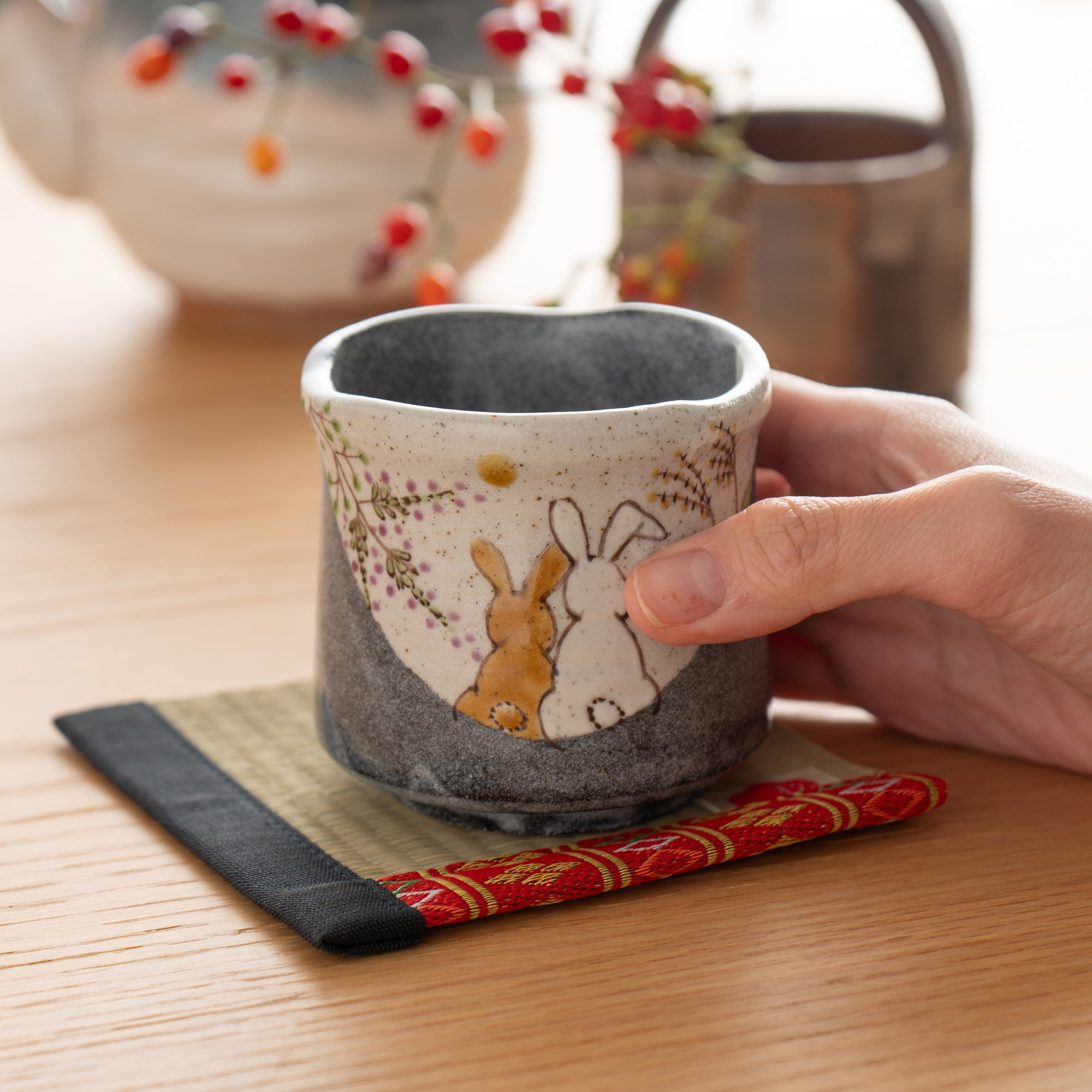 Rabbits in Sunny Spot Yunomi Japanese Teacup