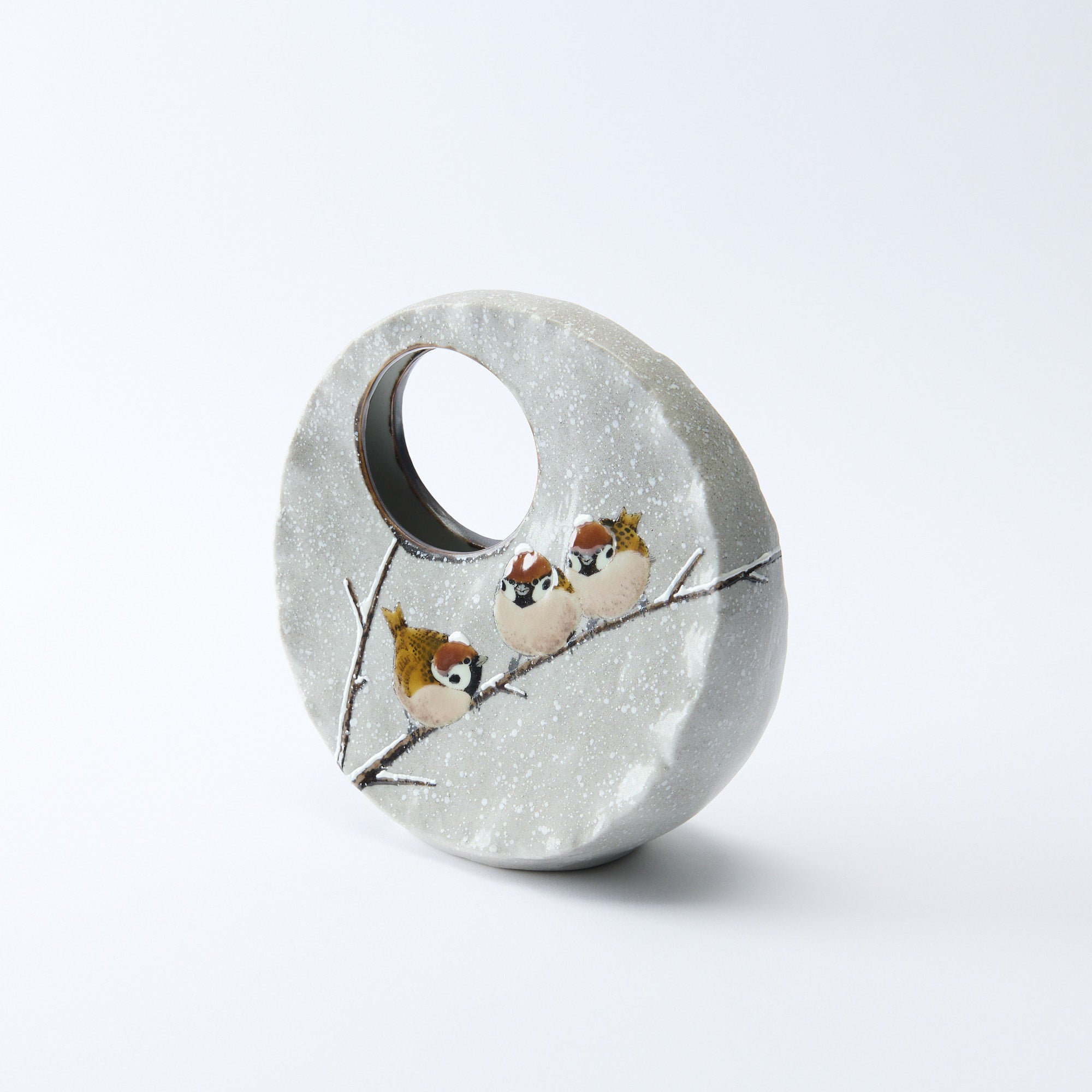 Snow and Sparrows Round-Window Japanese Flower Vase