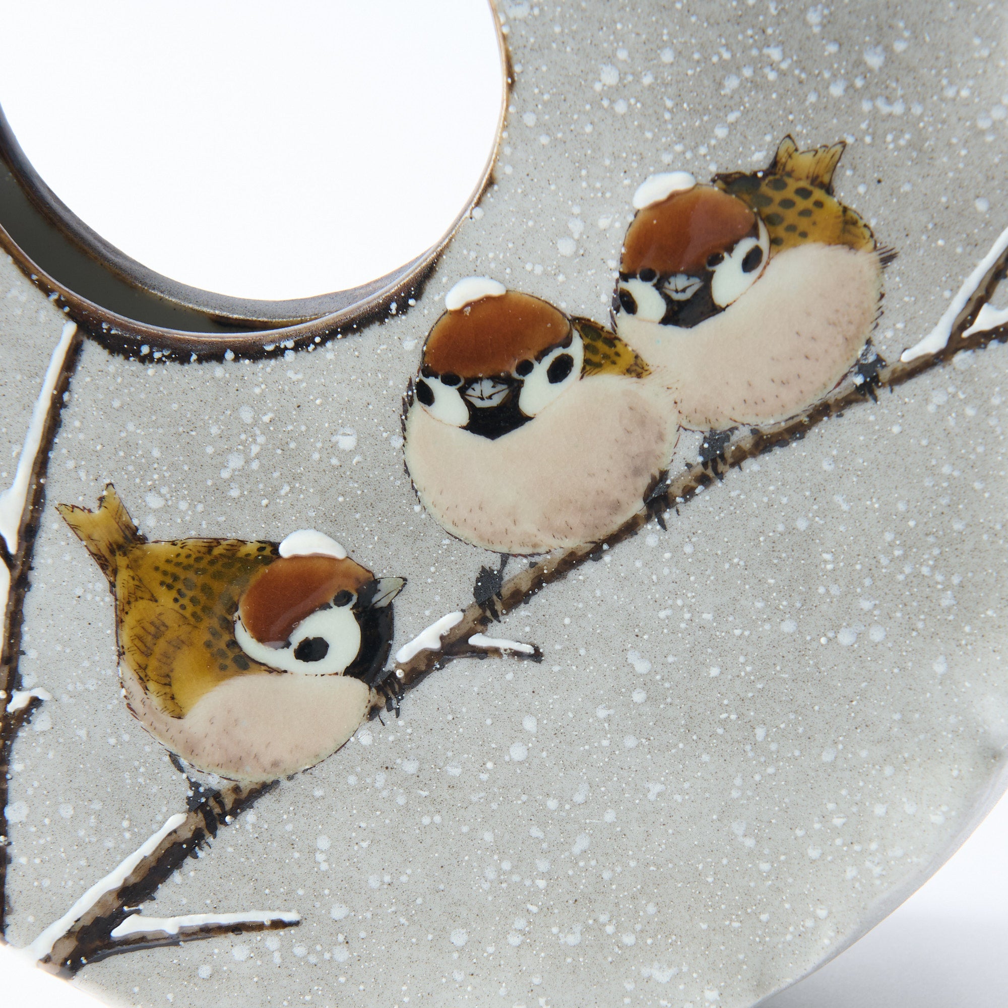 Snow and Sparrows Round-Window Japanese Flower Vase
