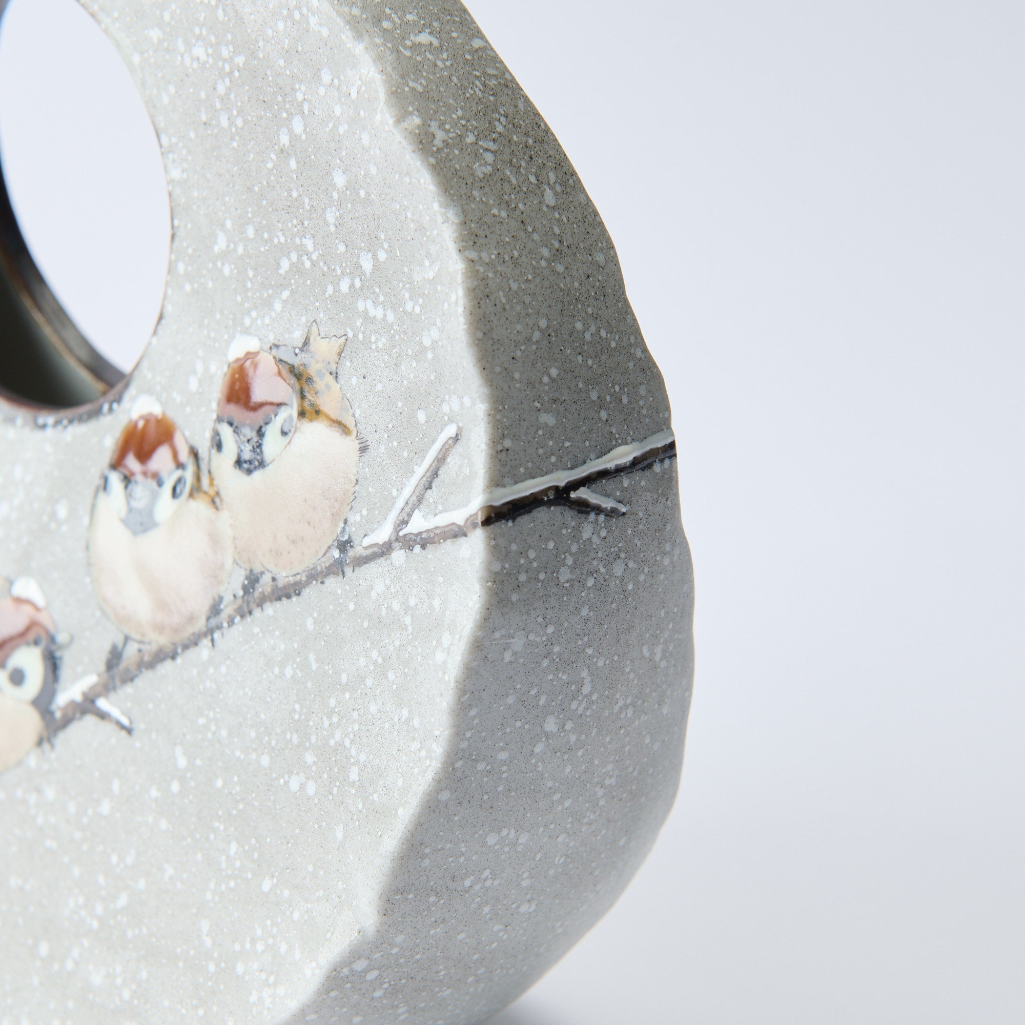 Snow and Sparrows Round-Window Japanese Flower Vase