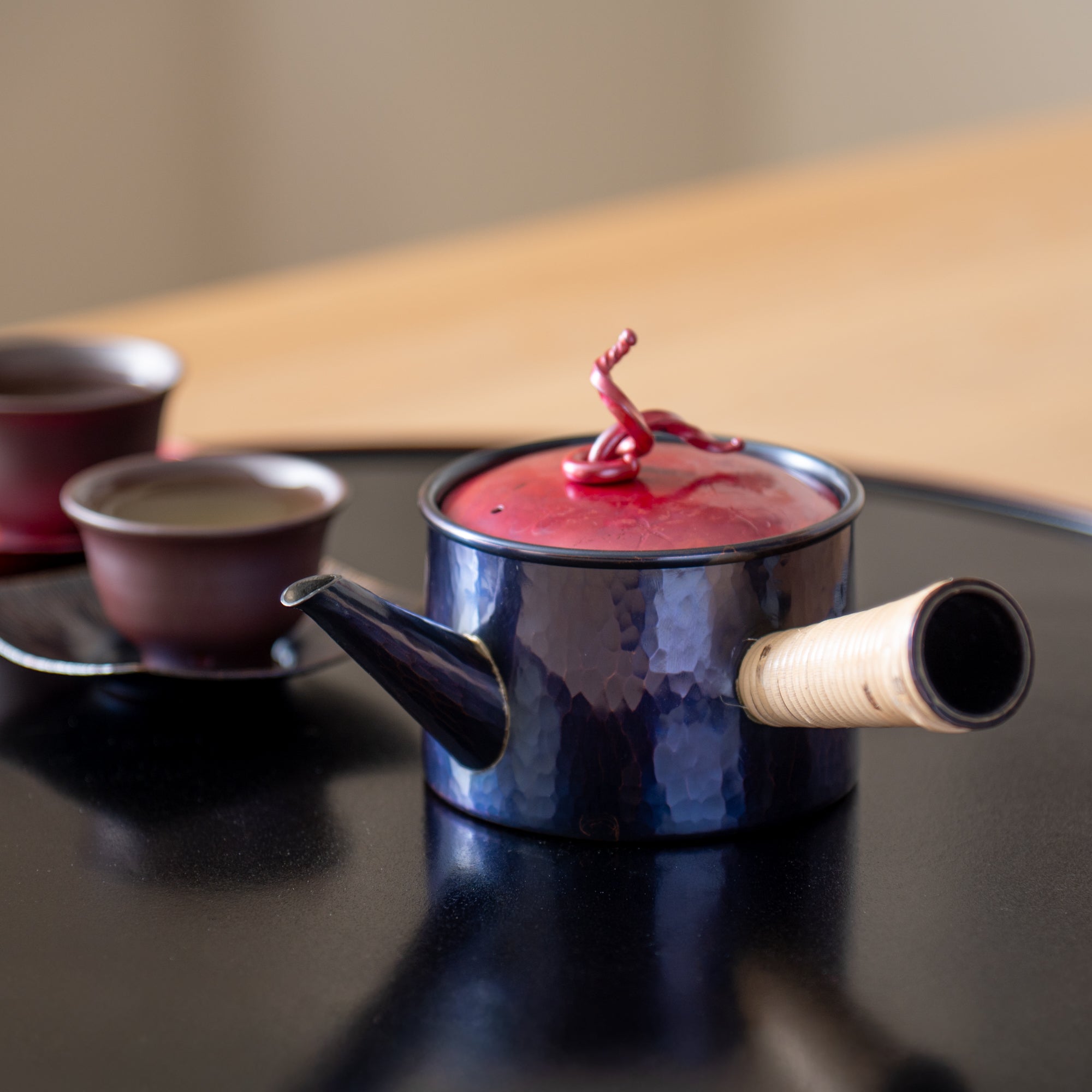 Cylindrical Indigo Blue And Red Japanese Teapot