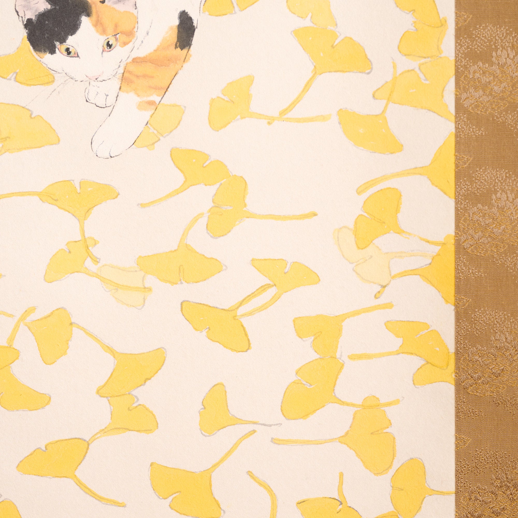 Cat and Ginkgo Leaves Kakejiku Hanging Scroll