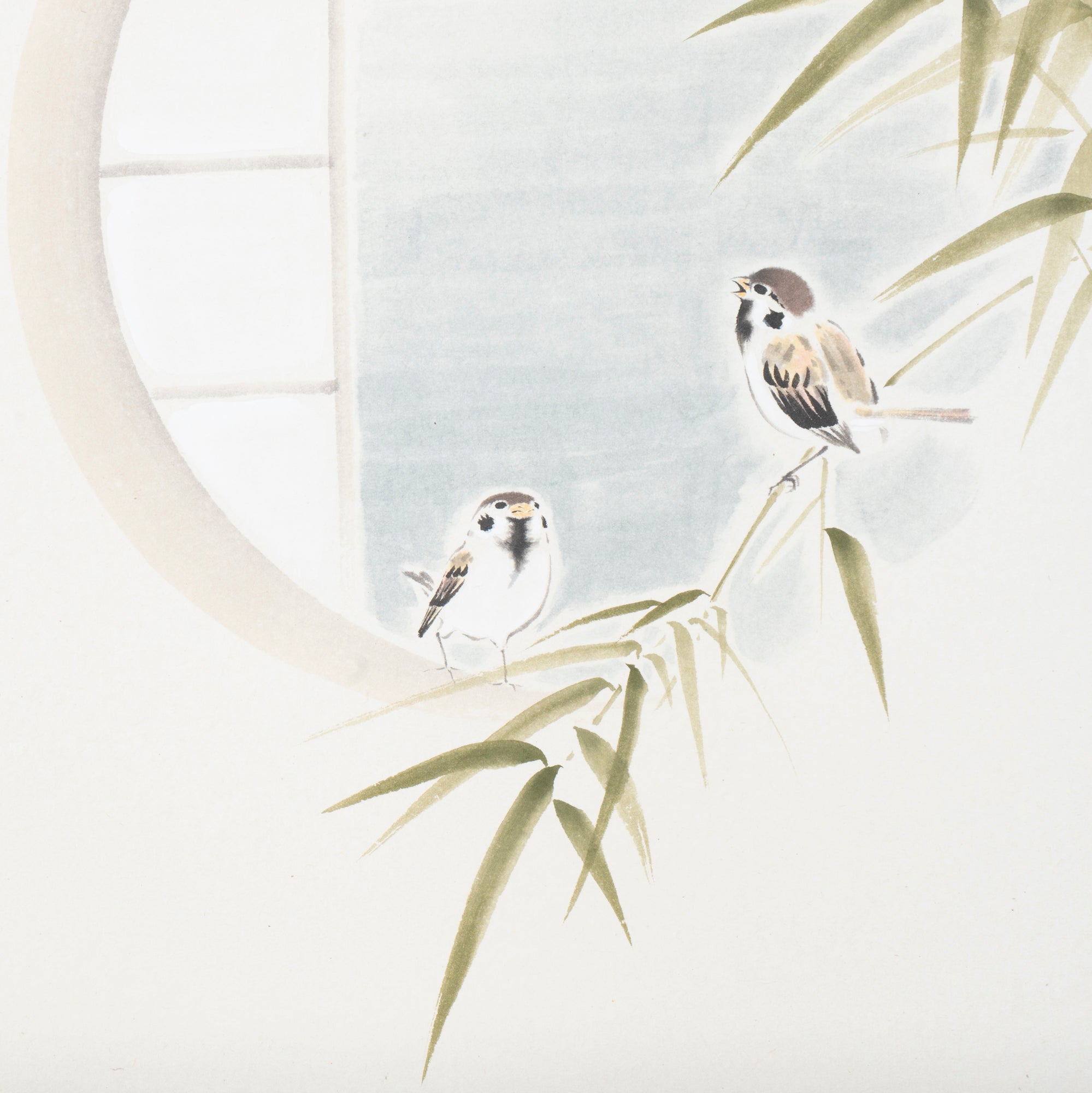 Sparrows and Bamboo with Calligraphy Kakejiku Hanging Scroll