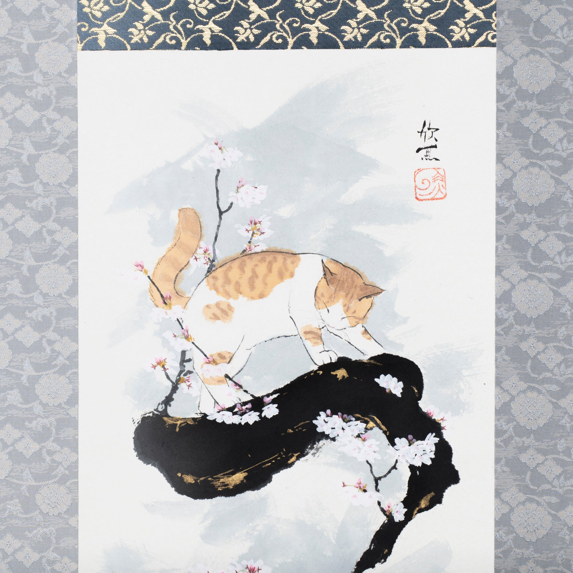 Cat and Sakura Kakejiku Hanging Scroll