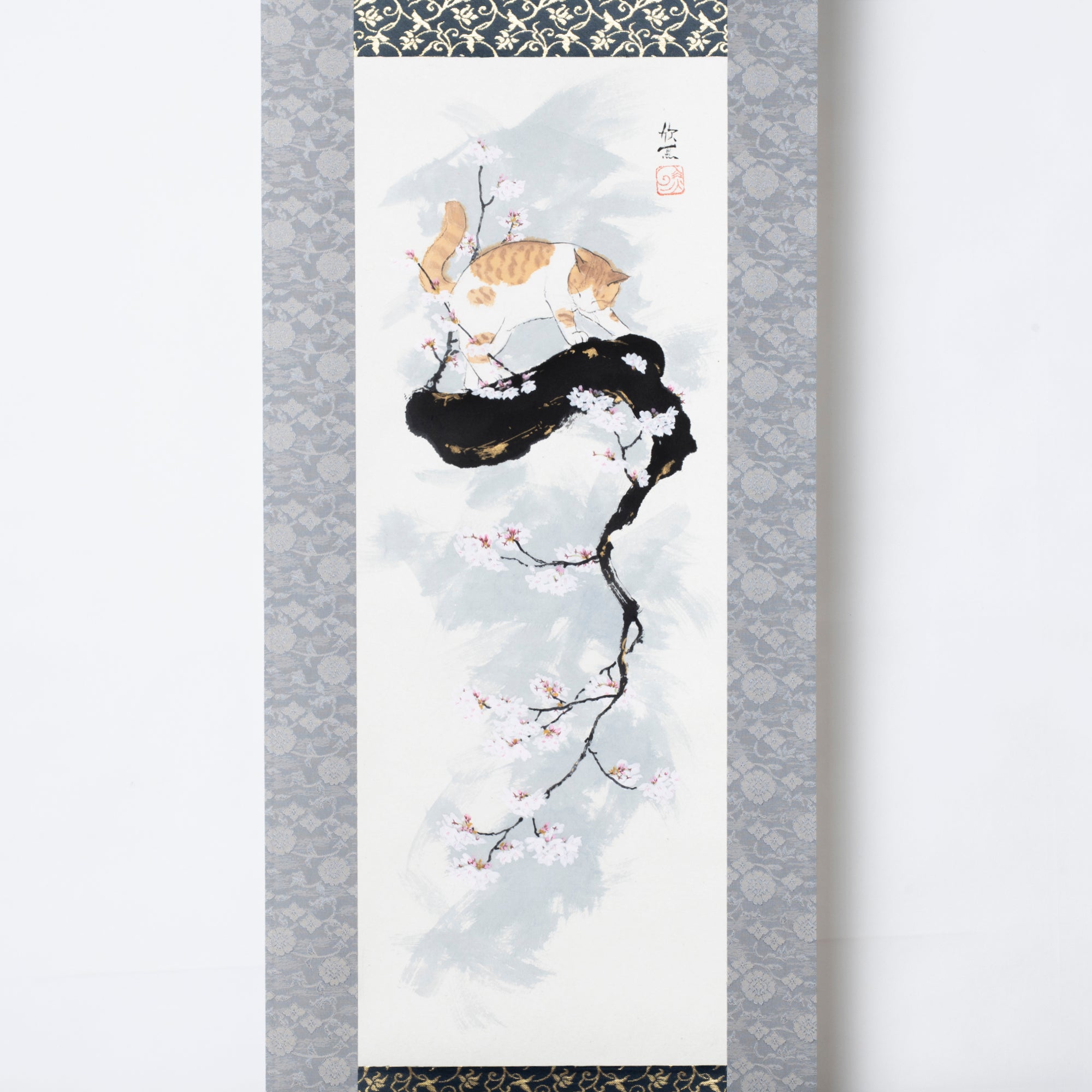 Cat and Sakura Kakejiku Hanging Scroll