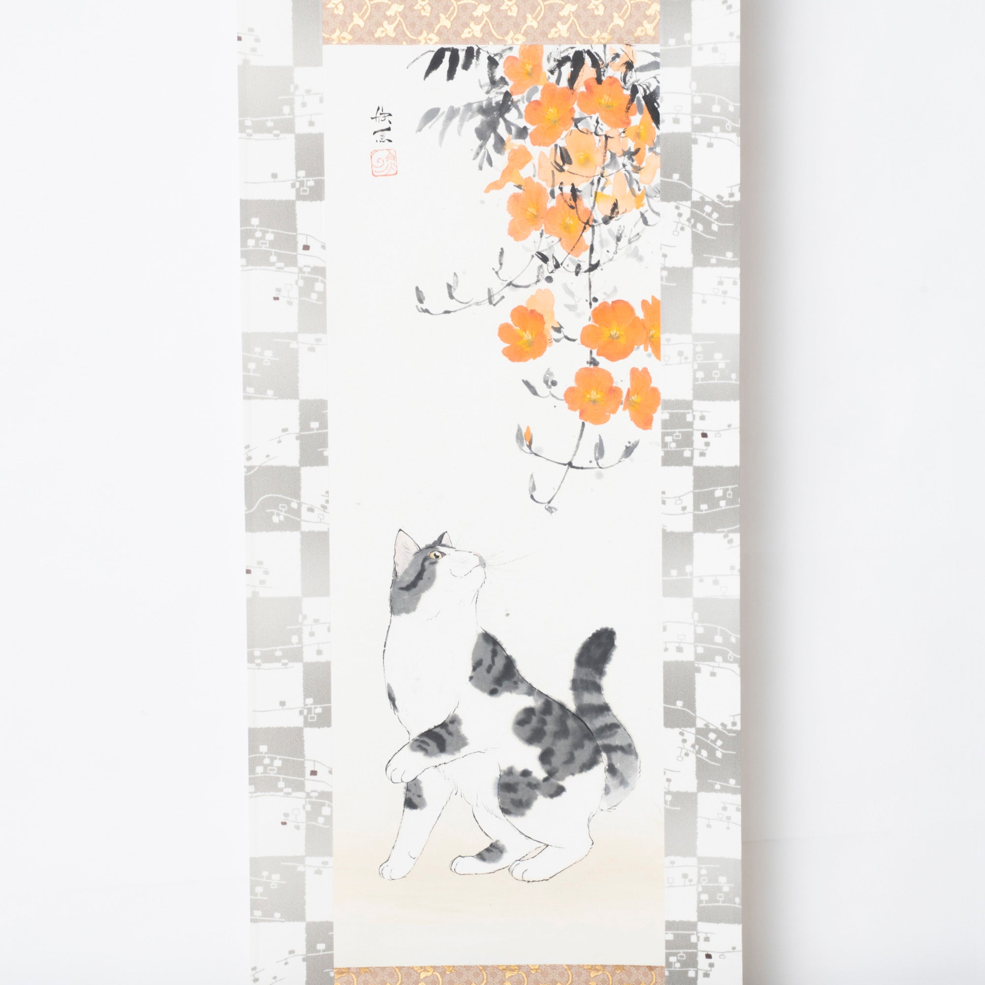 Cat and Trumpet Vine Kakejiku Hanging Scroll