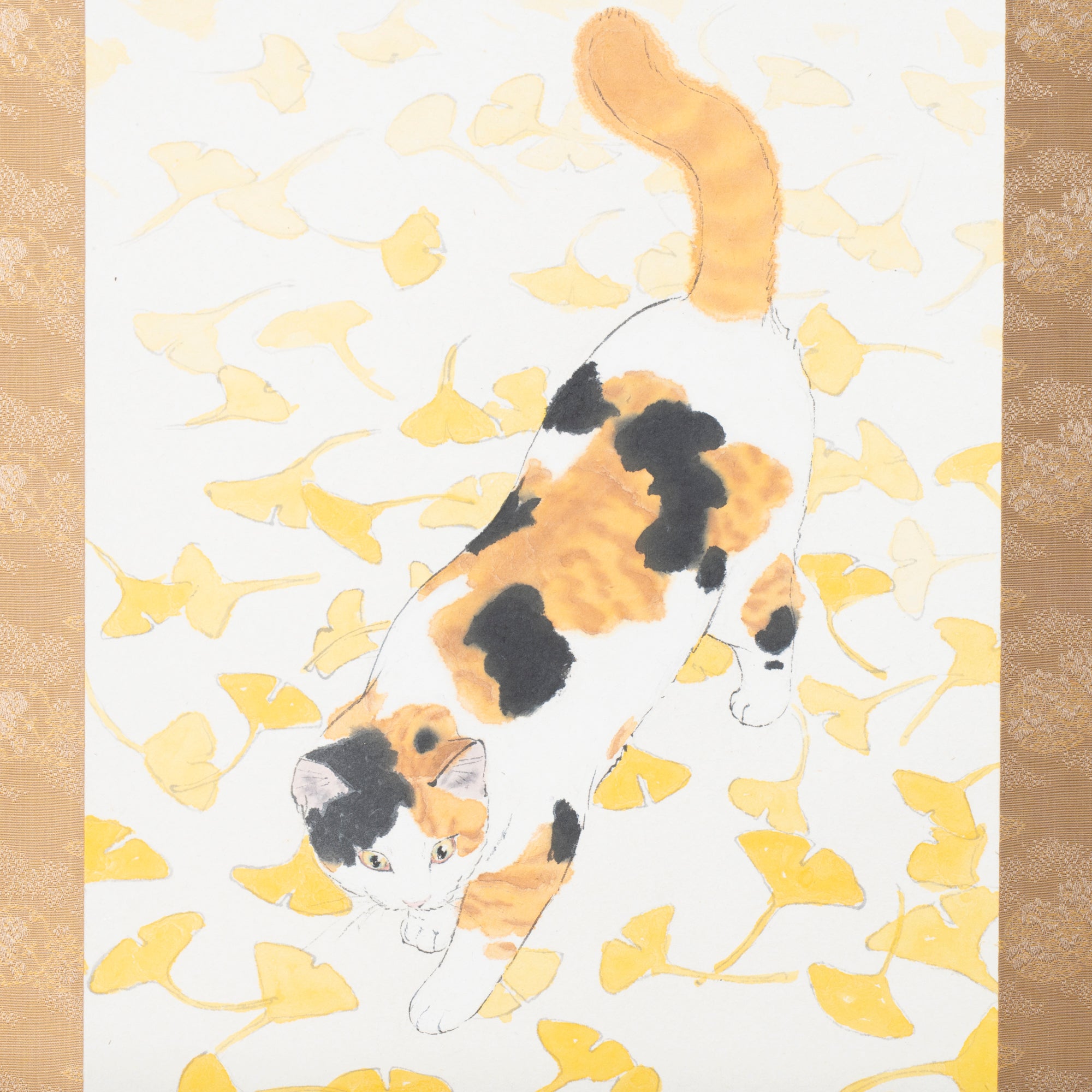 Cat and Ginkgo Leaves Kakejiku Hanging Scroll