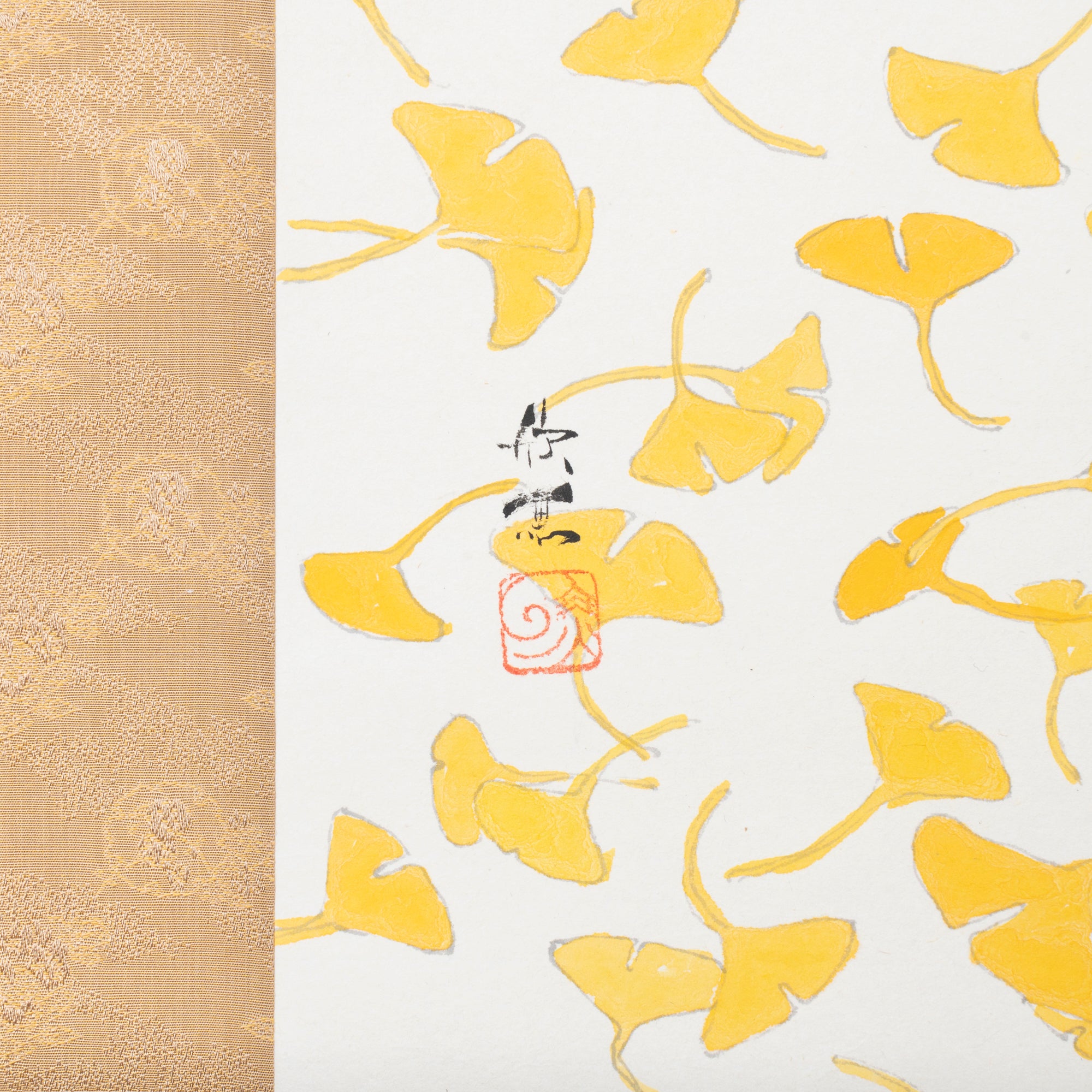 Cat and Ginkgo Leaves Kakejiku Hanging Scroll