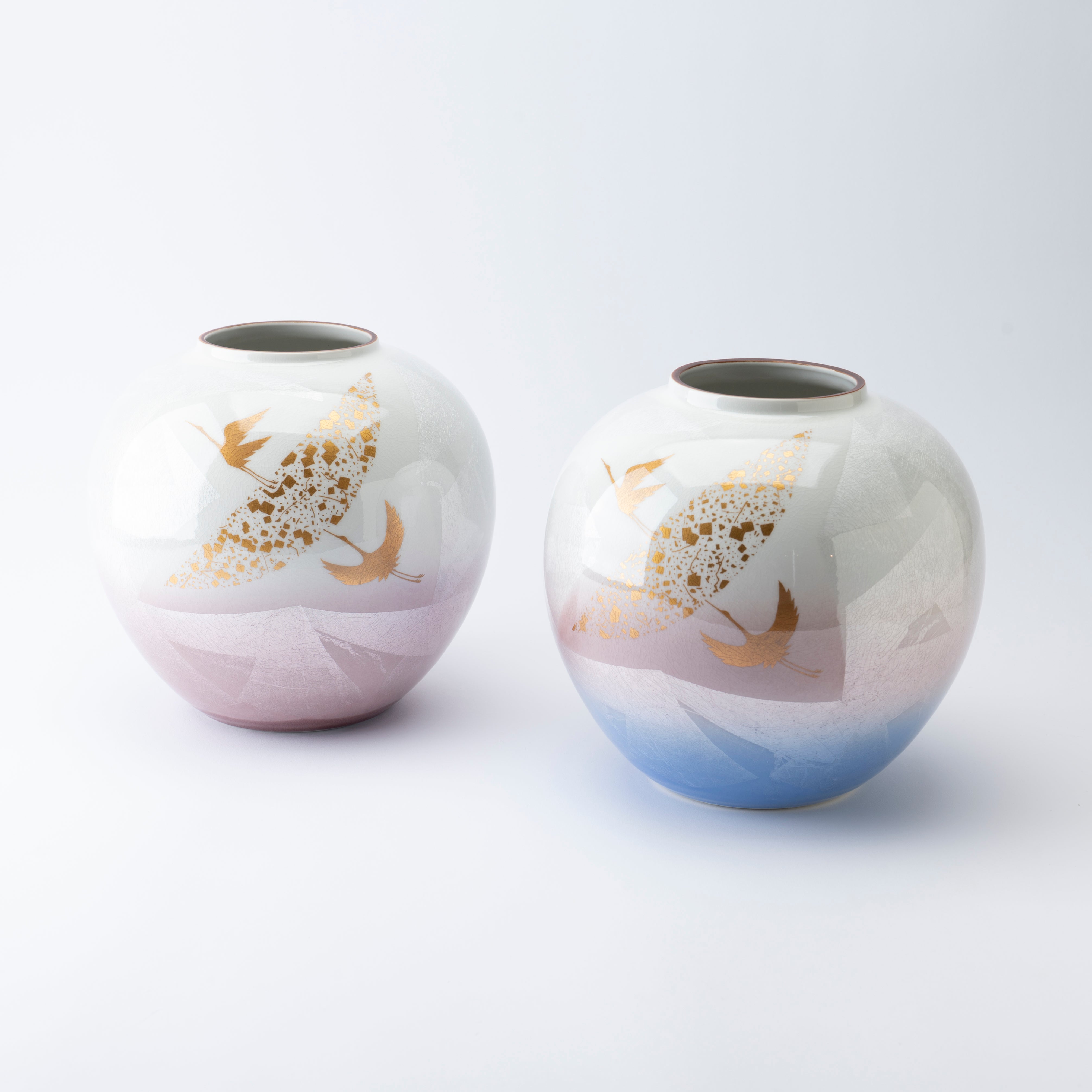 Ginsai Crane Round Japanese Flower Vase 8.1 IN