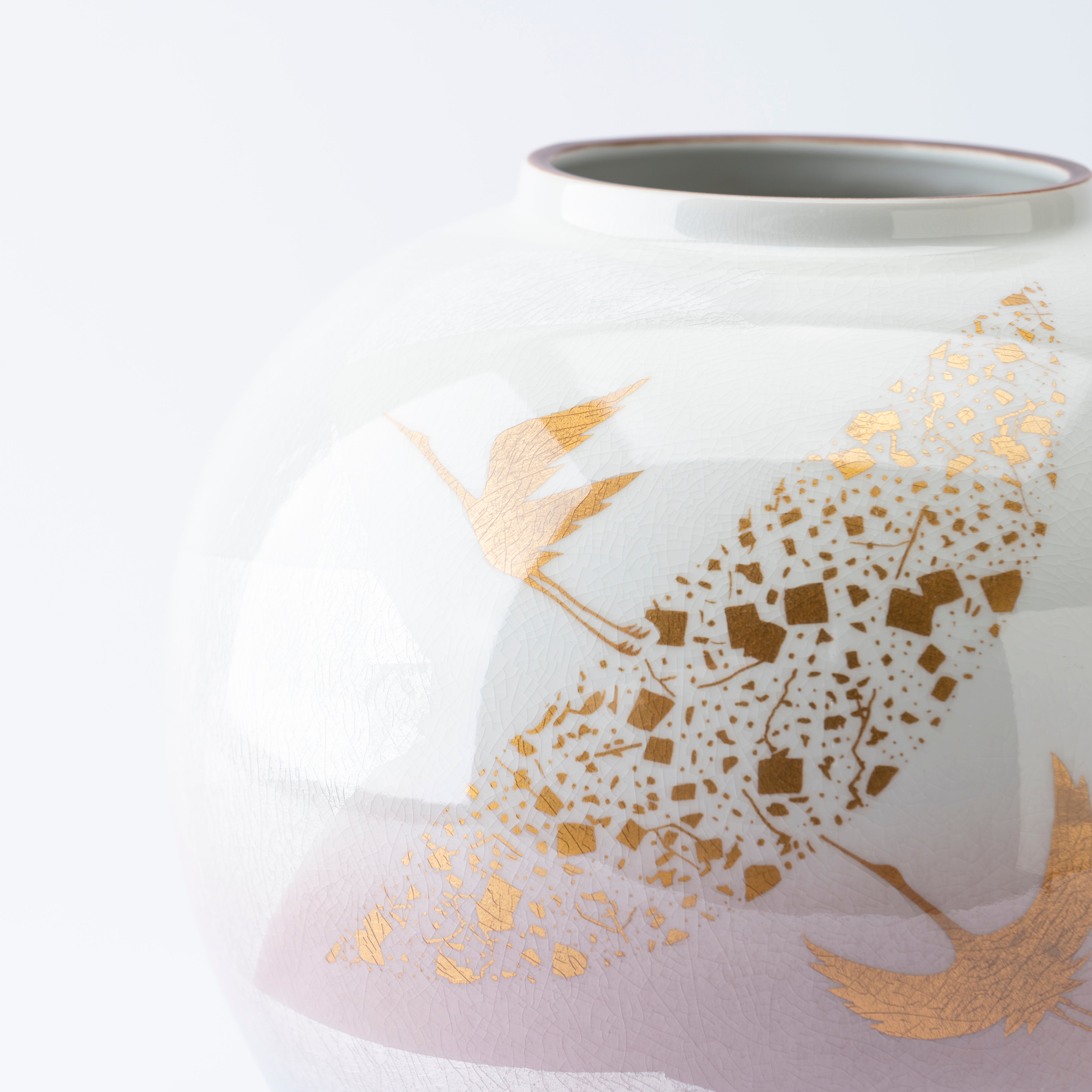 Ginsai Crane Round Japanese Flower Vase 8.1 IN