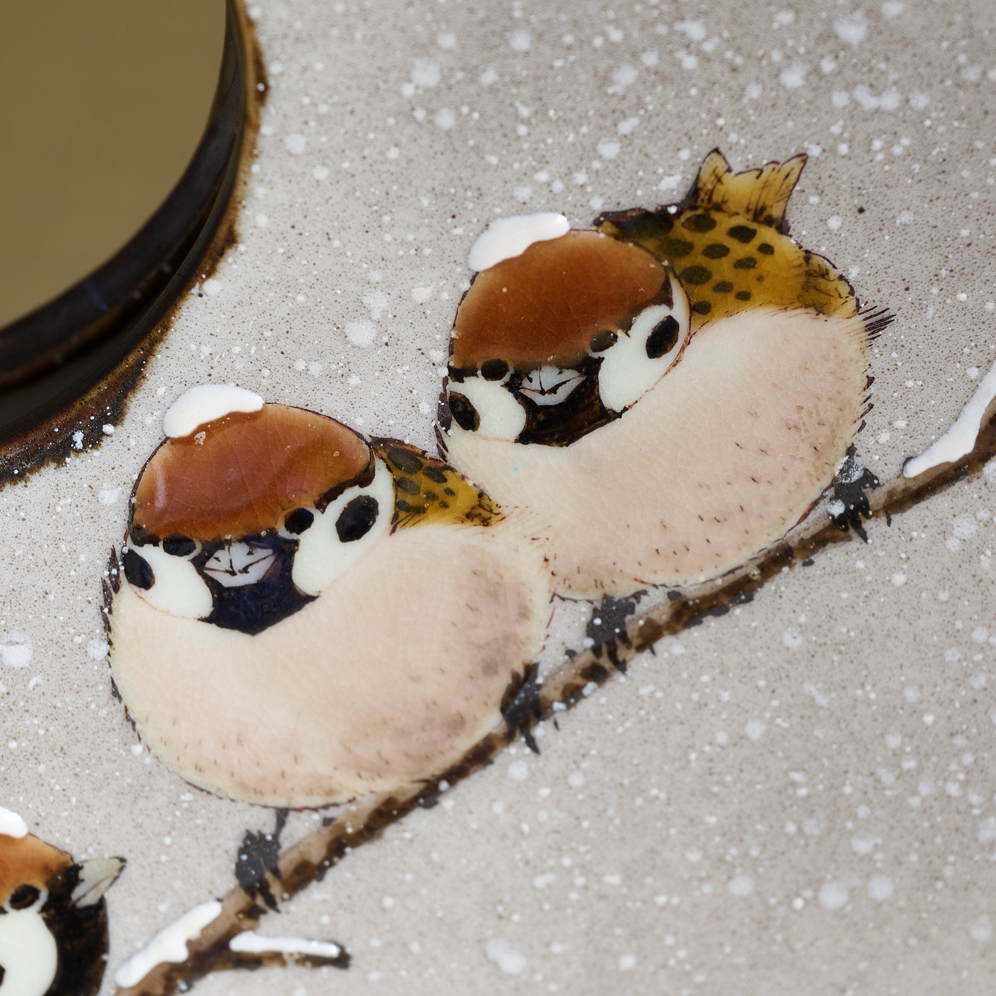 Snow and Sparrows Round-Window Japanese Flower Vase