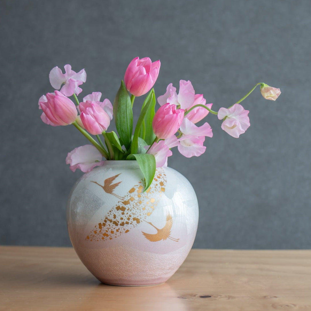 Ginsai Crane Round Japanese Flower Vase 6.9 IN