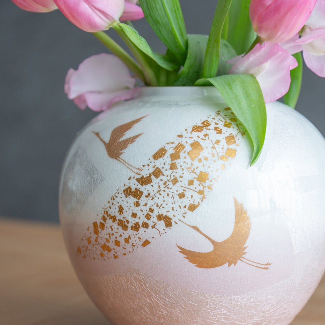 Ginsai Crane Round Japanese Flower Vase 6.9 IN