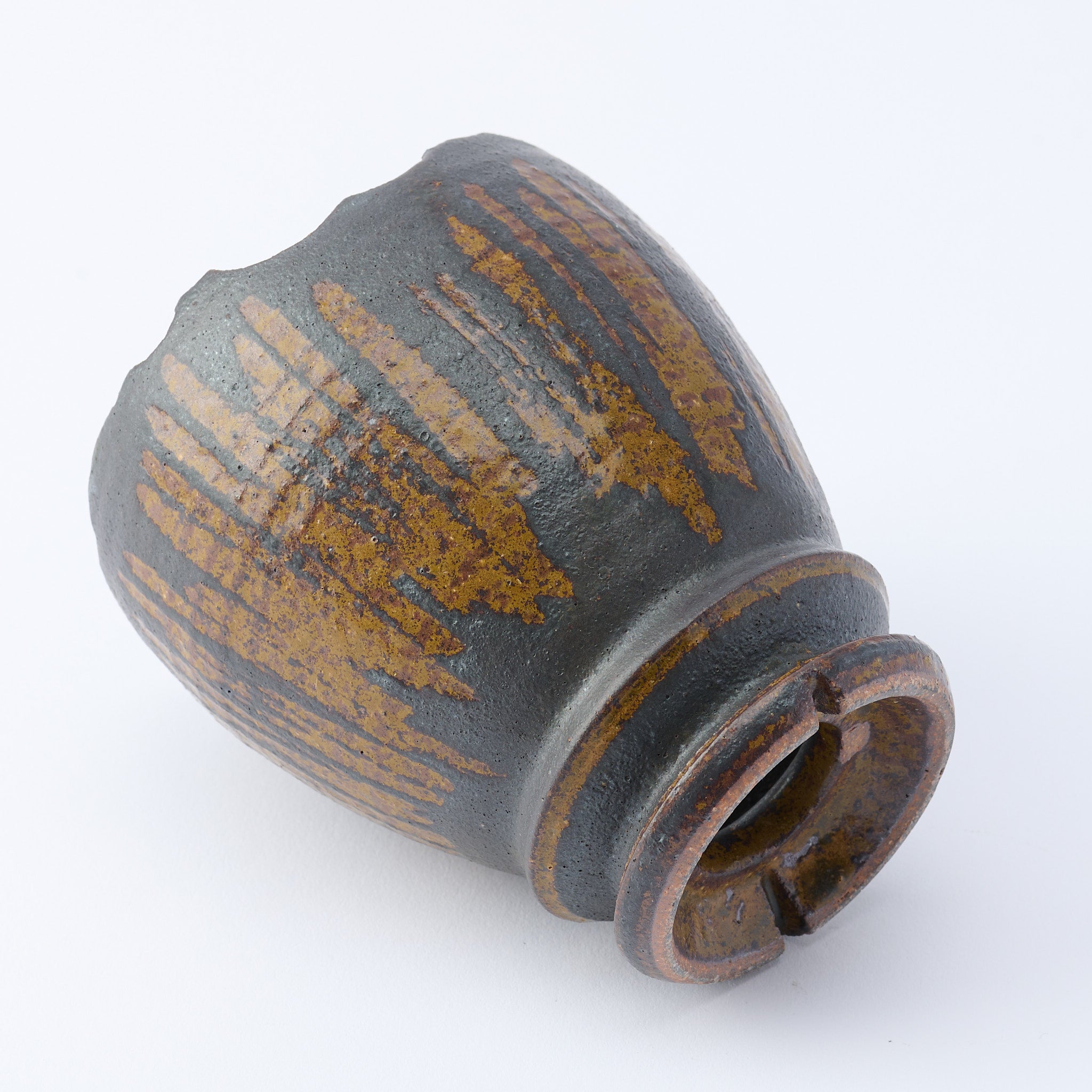 Chalaza Cracked Rim Brown Inlay on Black Plant Pot 3.7 In