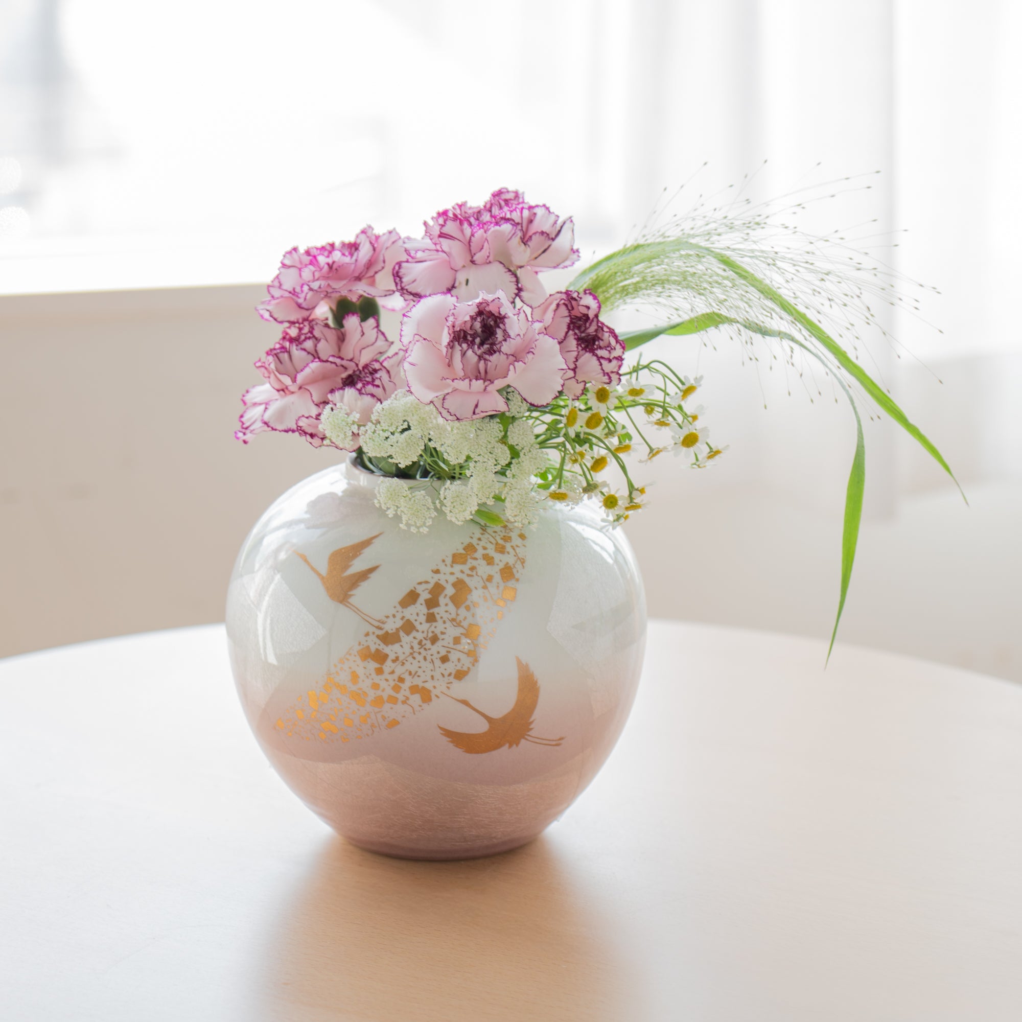 Ginsai Crane Round Japanese Flower Vase 6.9 IN