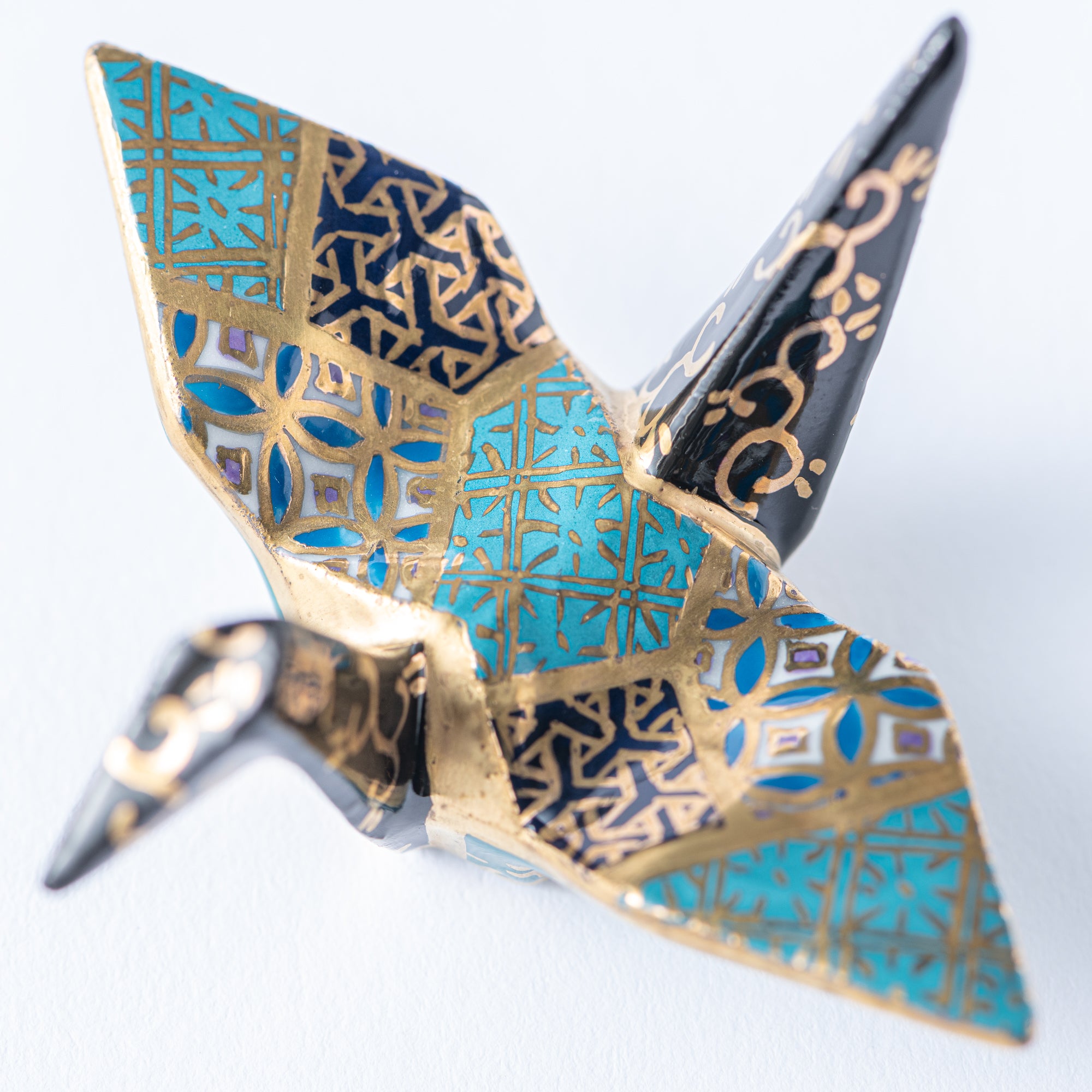 Teal Geometric Patterns Crane Ornament