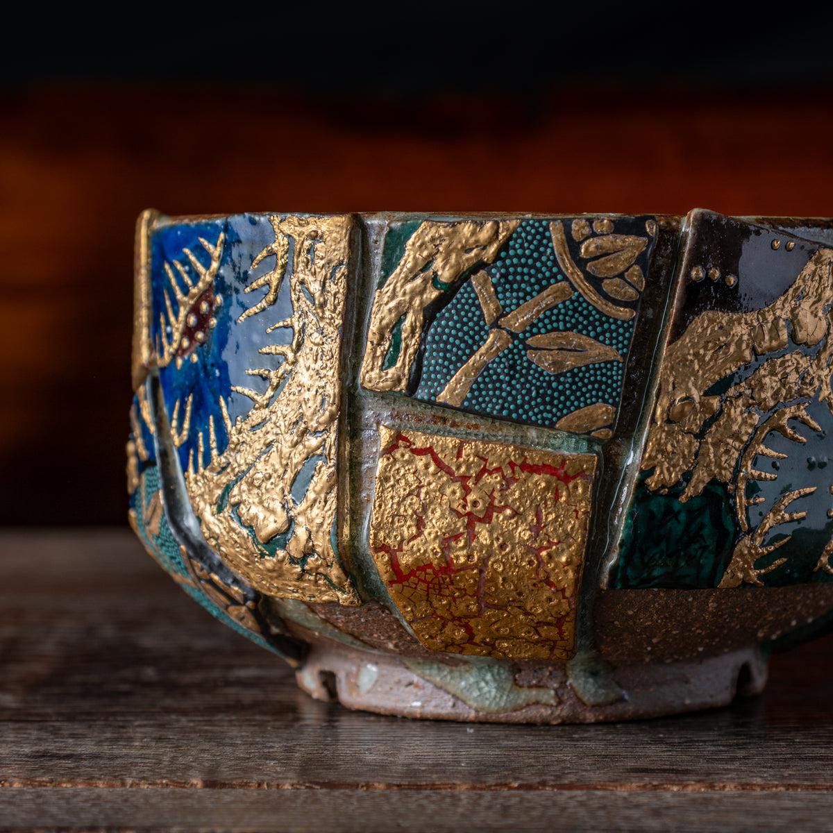 Gold Auspicious Motifs Paneled Plant Pot