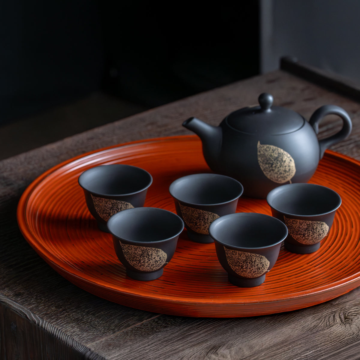 Leaf Patterned Black Japanese Tea Set