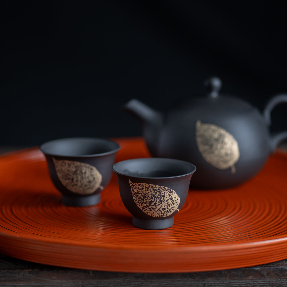 Leaf Patterned Black Japanese Tea Set