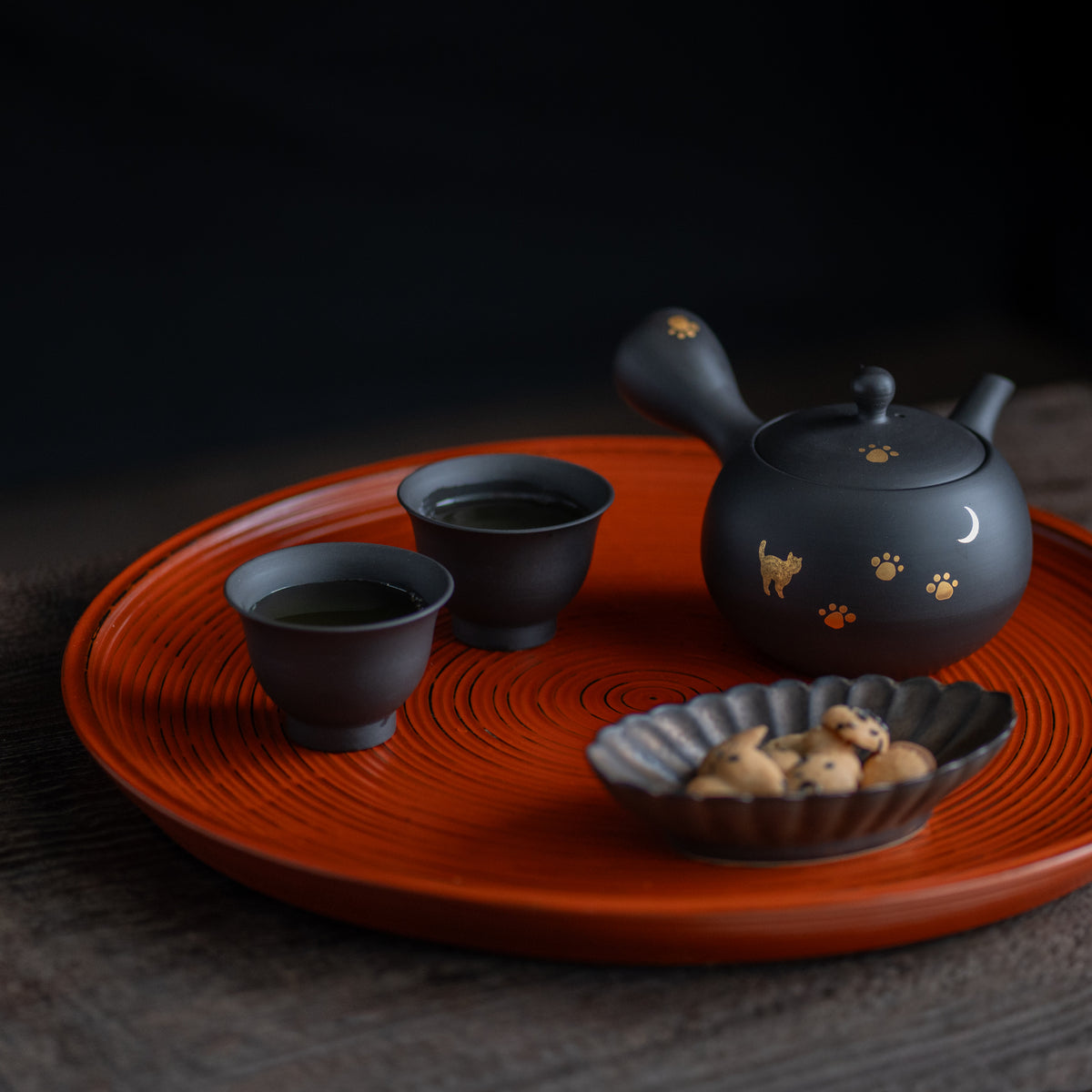 Moon and Cat Footprint Decorated Japanese Tea Set