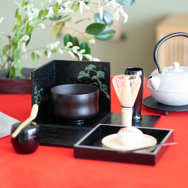 Nishimoto Ippuku Black Pine Yamanaka Lacquerware Matcha Tea Set