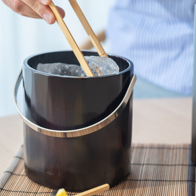 Miyabitake Japanese Bamboo Ice Bucket with Water Carafe, Placemat, Stir Stick and Tong Set