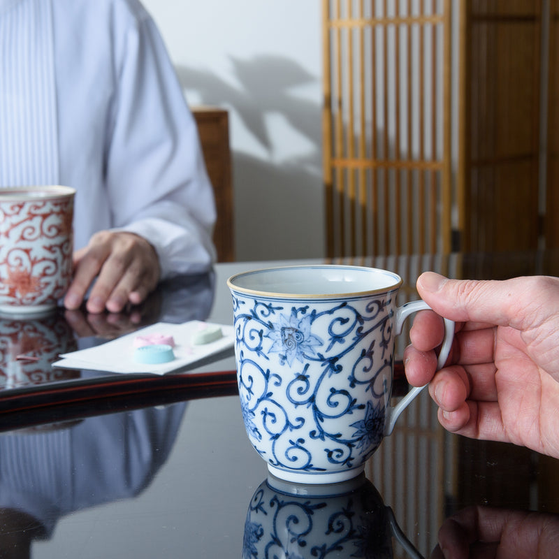 Myousen Toubou Blue Peony and Arabesque Kutani Mug