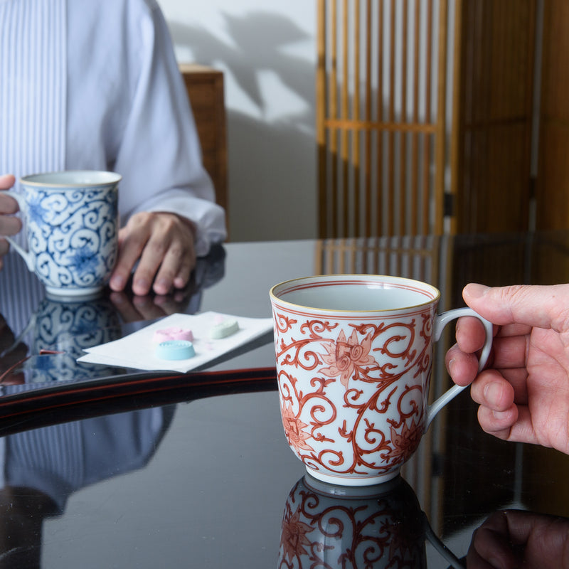 Myousen Toubou Red Peony and Arabesque Kutani Mug