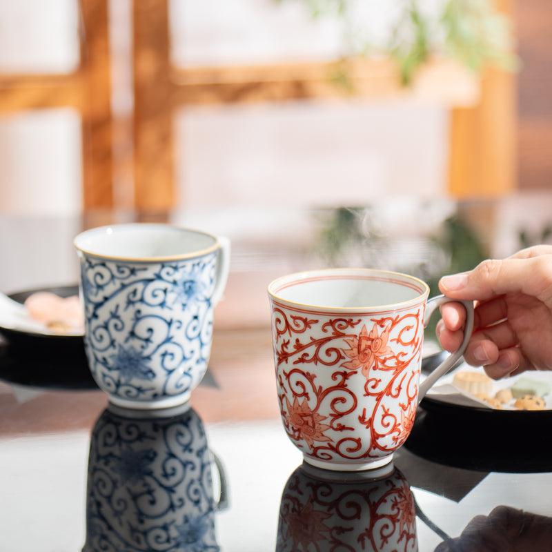 Myousen Toubou Red Peony and Arabesque Kutani Mug