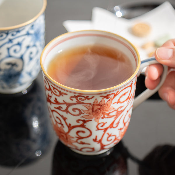 Myousen Toubou Red Peony and Arabesque Kutani Mug