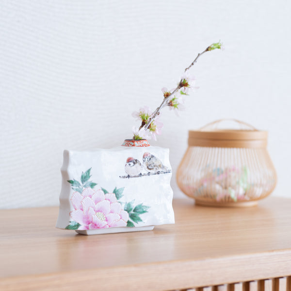 Peony and Twin Sparrows Kutani Japanese Flower Vase