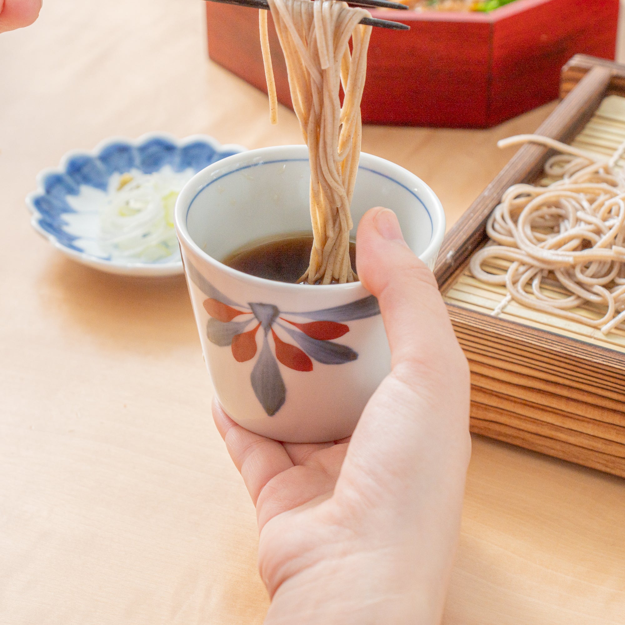 Blue and Red Chrysanthemum Soba Choko Cup