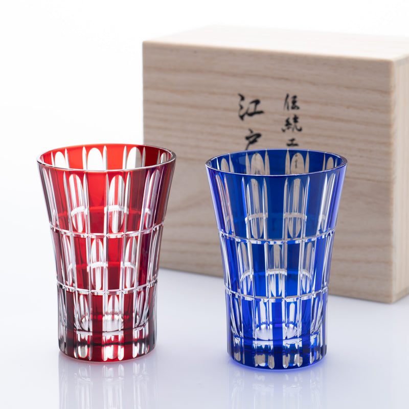 Kiyohide Glass Red and Lapis Lazuli Edo Kiriko Tumbler Set